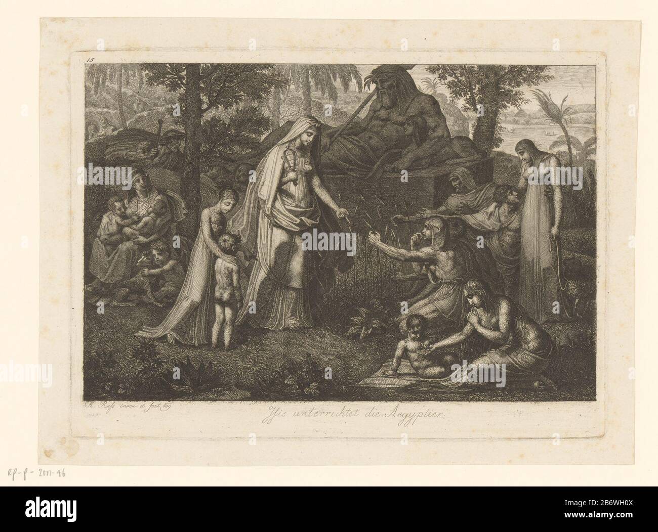 ISIS staat in een landschap tussen mannen, vrouwen en kinderen en wijst op de groeiende korenaren. Achter haar het beeld van de Nijl. Hersteller : Hersteller: Karl Russ (vermeld op object)naar igen ontwerp van: Karl Russ (vermeld op object) dating: 1809 Material: Papier Techniek: Etsen Dimensionen: Plaatrand: H 190 mm × b 260 mm Subjekt: Konzeptionen und Ideen visualisiert  ägyptische Religionierung des Nils; 'Nilo' (Ripa) Stockfoto