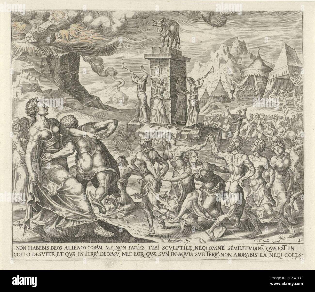 Die Israeliten tanzten um das goldene Kalb, während Moses auf dem Berg Zehn Gebote Gottes erhielt. Print ist Teil einer Serie über die Zehn Gebote und stellt wieder eine Verletzung des ersten Gebots dar: Du wirst keine anderen Götter vor mir haben. Unter einem Hinweis auf die Bibel im Latijn. Hersteller in der Gewinnspanne: Druckmaschine: Harmen Jansz Muller zum Entwurf: Maarten van Heemskerck (denkmalgeschütztes Gebäude) Herausgeber: Theotor Galle (denkmalgeschütztes Eigentum) Herstellung: Druckmaschine: Amsterdam Herausgeber: Antwerpen Datum: 1596 - 1633 Physische Merkmale: Enna und Pinsel in gelbem und orangefarbenem Material: Papier Stockfoto