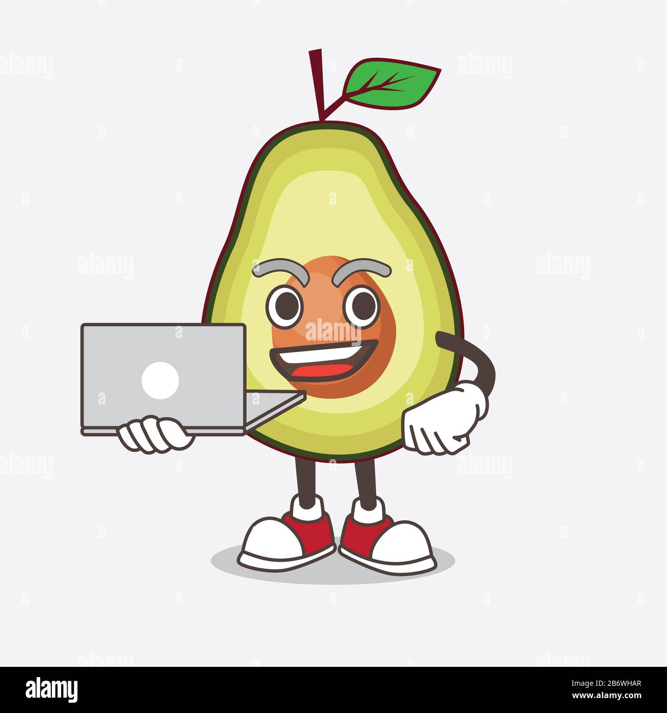 Eine Illustration des mit Laptop arbeitenden Maskottchens Avocado Fruit Cartoon Stockfoto
