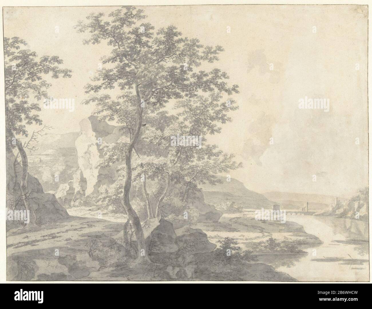 Italiaans landschap Italian Landscape Objektart: Zeichnung Objektnummer: RP-T-1880-A-1906 Hersteller: Künstler: Jan Both (möglich) Von: 1628 - 1652 Physikalische Merkmale: Bürste in grauem, schwarzem Kreidematerial: Papierkreidetechnik: Bürstengröße: H 315 mm × W 412 mm Stockfoto