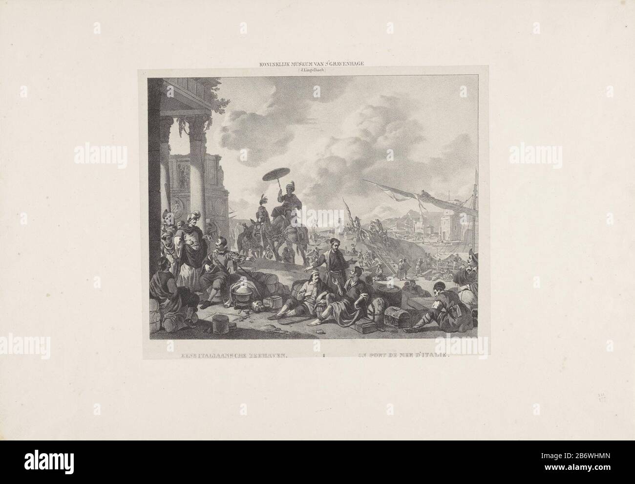 Italiaanse zeehaven Eene Italiaansche zeehaven (titel op object) Het Koninklijk Museum te's-Gravenhage (serietitel op object) eine phantasievolle Darstellung von südländischen Port exotischen Figuren, einem Kamel und klassischer Architektur. Der Druck erfolgte nach einem Gemälde von Johannes Lingelbach im Museum Mauritshuis. Hersteller: Druckmaschine: Gijsbertus Craeyvanger (unter Denkmalschutz) zum Gemälde von Johannes Lingelbach (unter Denkmalschutz stehendes Gebäude) Drucker: Desguerrois & Co. (Unter Denkmalschutz stehendes Gebäude) Herausgeber: Desguerrois & Co.Plaats Herstellung: Druckmaschine: Niederlande zum Malen: Amsterdam Verlag: Amsterdam Verlag: Amsterda Stockfoto