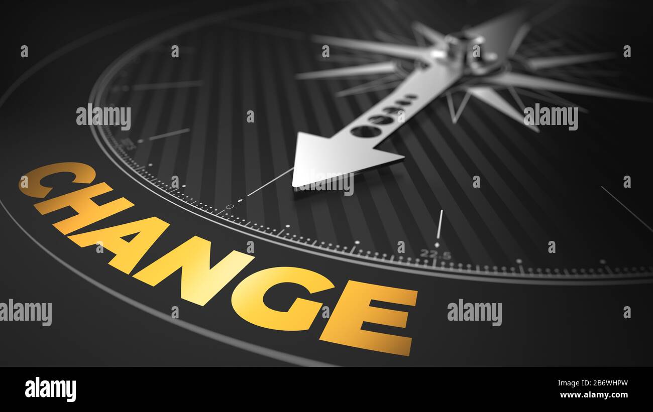 3D-Darstellung eines abstrakten Kompasses Über schwarzem Hintergrund mit Nadel, Die Den Text zeigt: Change - Business Concept. Stockfoto