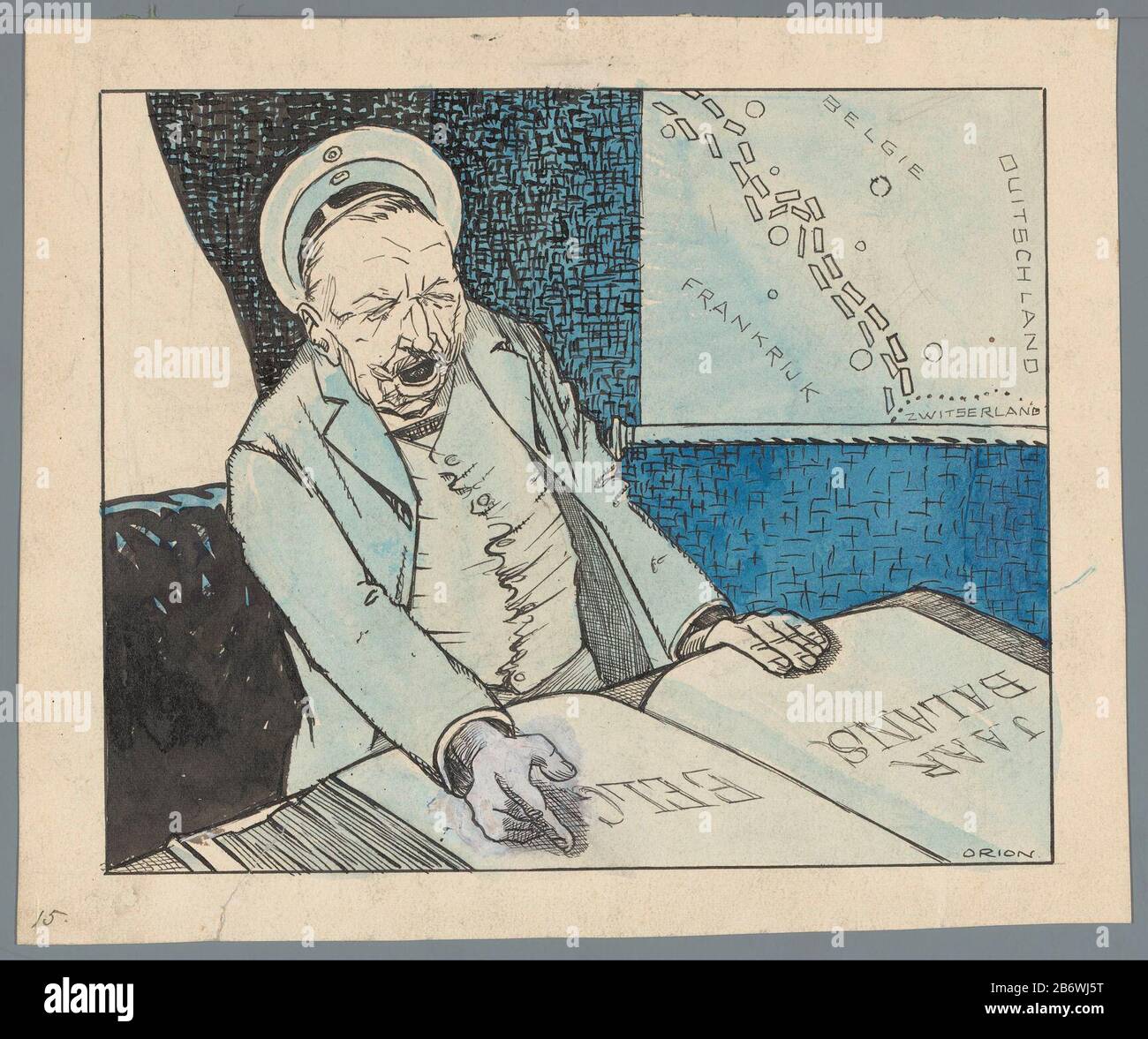 Ein gähnender Mann, der hinter einem Schreibtisch sitzt und ein Buch namens "Annual Balance Belgium" betrachtet. Auf der Wand eine Karte mit den Positionen der deutschen und französischen Truppen in Belgien. Möglicherweise Kaiser Wilhelm II. Und die Grabenkämpfe während des Ersten Weltkriegs. Entwurf eines politischen Spottlofs. Hersteller: Künstler: Patricq Crown (persönlich signiert) Ort Herstellung: Niederlande Datum: 1914 - 1918 Physikalische Merkmale: Stift in Schwarz, Bürste in Schwarz und Blau, weißes Dekverf-Material: Papiertinte Lacktechnik: Stift-/Bürstenabmessungen: H 202 mm × W 242 mm Betreff: Erste Welt Als: 1914 - 1918 Stockfoto