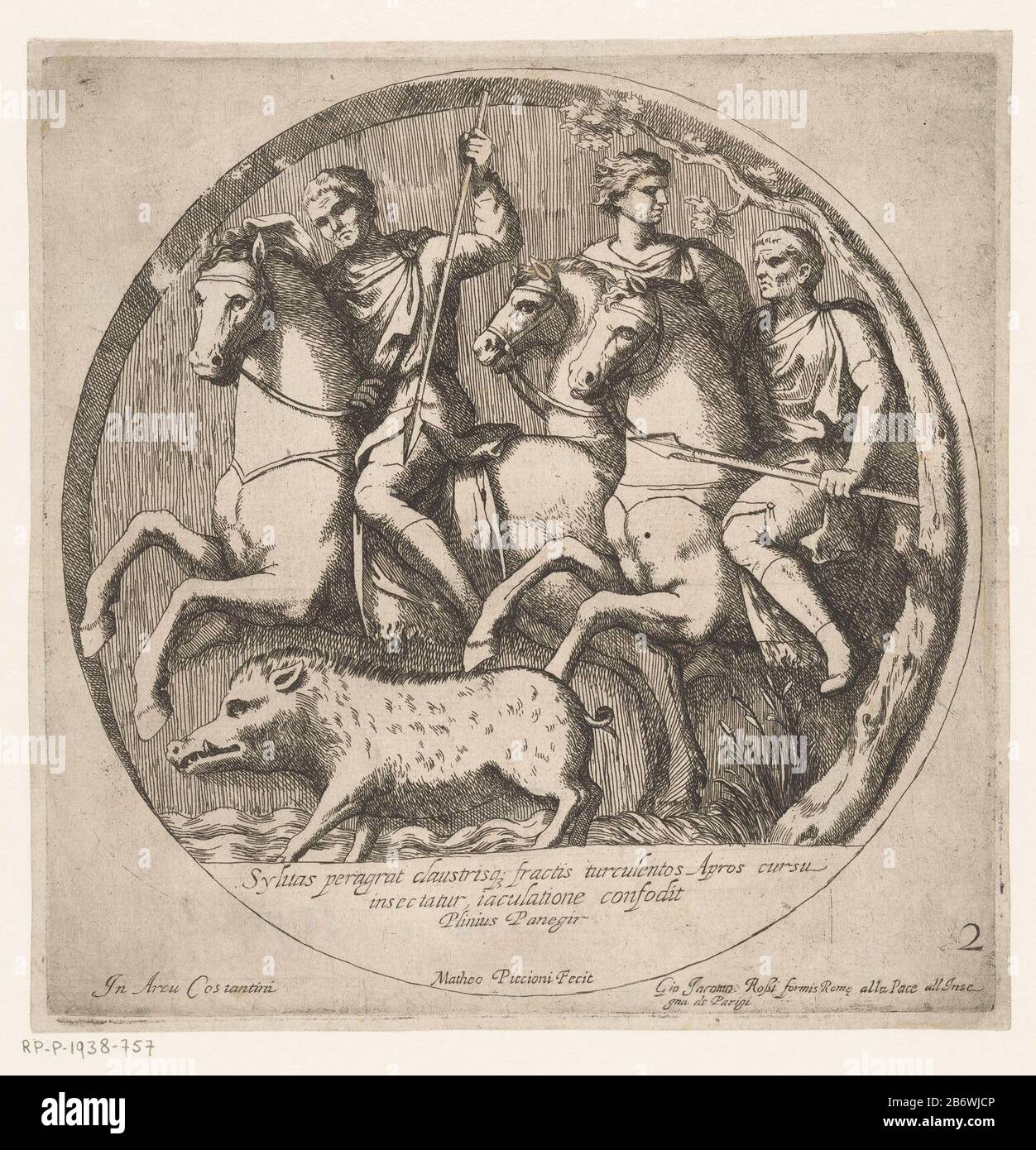 Medaillon mit Flachreliefaufe am Konstantinsbogen in Rom. Drei Männer zu Pferd jagen einem Wildschwein. Unten im Medaillon ein dreizeiligen Text in lateinischer Sprache. Rechts nummeriert: 2. Hersteller : Druckerhersteller Matteo Piccioni (denkmalgeschütztes Gebäude) Herausgeber: Giovanni Giacomo de'Rossi (denkmalgeschütztes Gebäude) zum Ansehen: Anonym (unter Denkmalschutz) Ort Herstellung: Druckmaschine: Italien Herausgeber: Rom zum Ansehen: Rom dating: 1637 - 1691 Physikalische Eigenschaften: Ätzmaterial: Papiertechnik: Ätzmaße: Plattenkante: H 222 mm × W 220 mmToelichtingDeze Print ist Teil einer Serie von 21 Bildern mit Flachreliefen Stockfoto