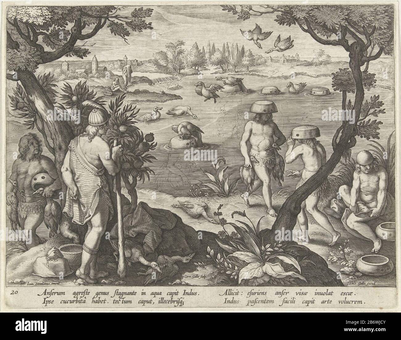 Jacht op eenden Jachttaferelen (serietitel) Venationes Ferarum, auium, piscium pvgnae Bestiariorum (serietitel) Indianer, die Enten in einem Teich fangen. Durch einen ausgehöhlten Kürbis-Indianer tarnen sich und verstecken sich im Wasser. Mallards sitzen auf den Kürbissen und sind leichte Beute. Das Bild hat eine Bildunterschrift Latin und ist Teil einer Serie auf Jachttaferelen. Hersteller : Druckhersteller C. Galle (unter Denkmalschutz stehende Immobilie) entworfen von: Stradanus (unter Denkmalschutz stehendes Gebäude) Herausgeber: Philip Galle (unter Denkmalschutz stehende Immobilie) Schriftsteller : Cornelis KiliaanPlaats Herstellung: Druckhersteller: Antwerpen zum Design: Florence Herausgeber: Antwerpen Autor Stockfoto