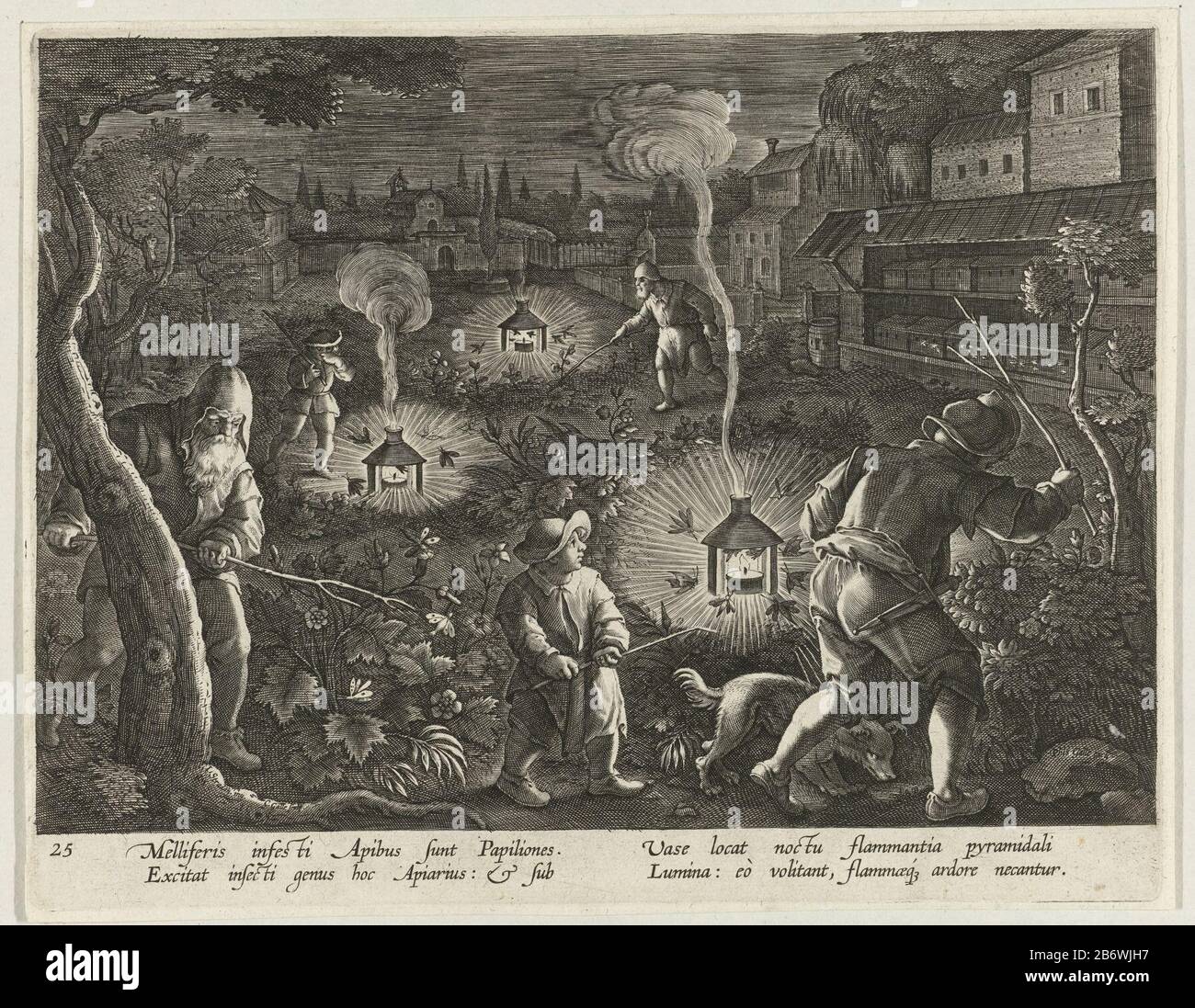 Jacht op nachtvlinders Jachttaferelen (serietitel) Venationes Ferarum, Auium, piscium pvgnae Bestiariorum (serietitel) auf dem Schlag auf ein Feld finden einige Männer mit Ästen in den Büschen bis zu Motten. Wegen des Lichtes fliegen diese Motten zu brennenden Kerzen. Einmal in der Nähe der Kerze sterben sie an der Hitze. Die Motte ist ein Schädling der Honigbienen. Sie werden daher nachts von Imkern gejagt. Das Bild hat eine Bildunterschrift Latin und ist Teil einer Serie auf Jachttaferelen. Hersteller: Druckmaschine C. Galle (unter Denkmalschutz) entworfen von: Stradanus (unter Denkmalschutz stehendes Gebäude) Herausgeber: Philip Galle (unter Denkmalschutz stehende Immobilie) Stockfoto