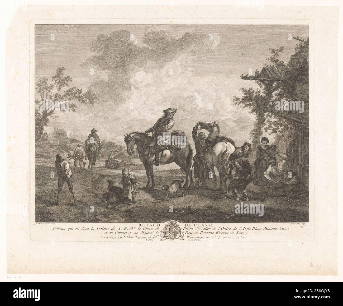 Jachttafereel Retard de chasse (titel op object) unten rechts nummeriert 10.e. Hersteller : Druckhersteller: Pierre François Beaumont (auf Objekt angegeben) zum Malen von: Pouwels Joostensz. Wouwerman (denkmalgeschütztes Eigentum) zum Gemälde von Philips Wouwerman (denkmalgeschütztes Eigentum) zum Gemälde von Pieter Wouwerman (denkmalgeschütztes Gebäude) Herausgeber: Pierre François Basan (denkmalgeschütztes Eigentum) Ort Herstellung: Druckmaschine: France Herausgeber: Paris Datum: 1733 - 1704 Material: Papiertechnik: Ätzmaße: Plattenkante: H 346 mm × W 446 mm Betreff: Jagd, Pferderennen andere Kinder Gamesarmoral-Lager, Heraldik Stockfoto