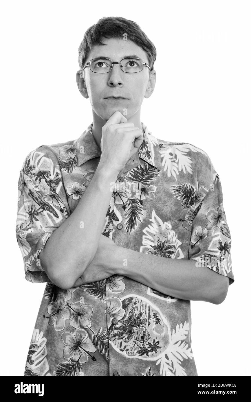 Portrait des Touristenmenschen mit Brillen, die für den Urlaub bereit sind Stockfoto Portrait des Touristenmenschen mit Brillen, die für den Urlaub bereit sind Stockfoto