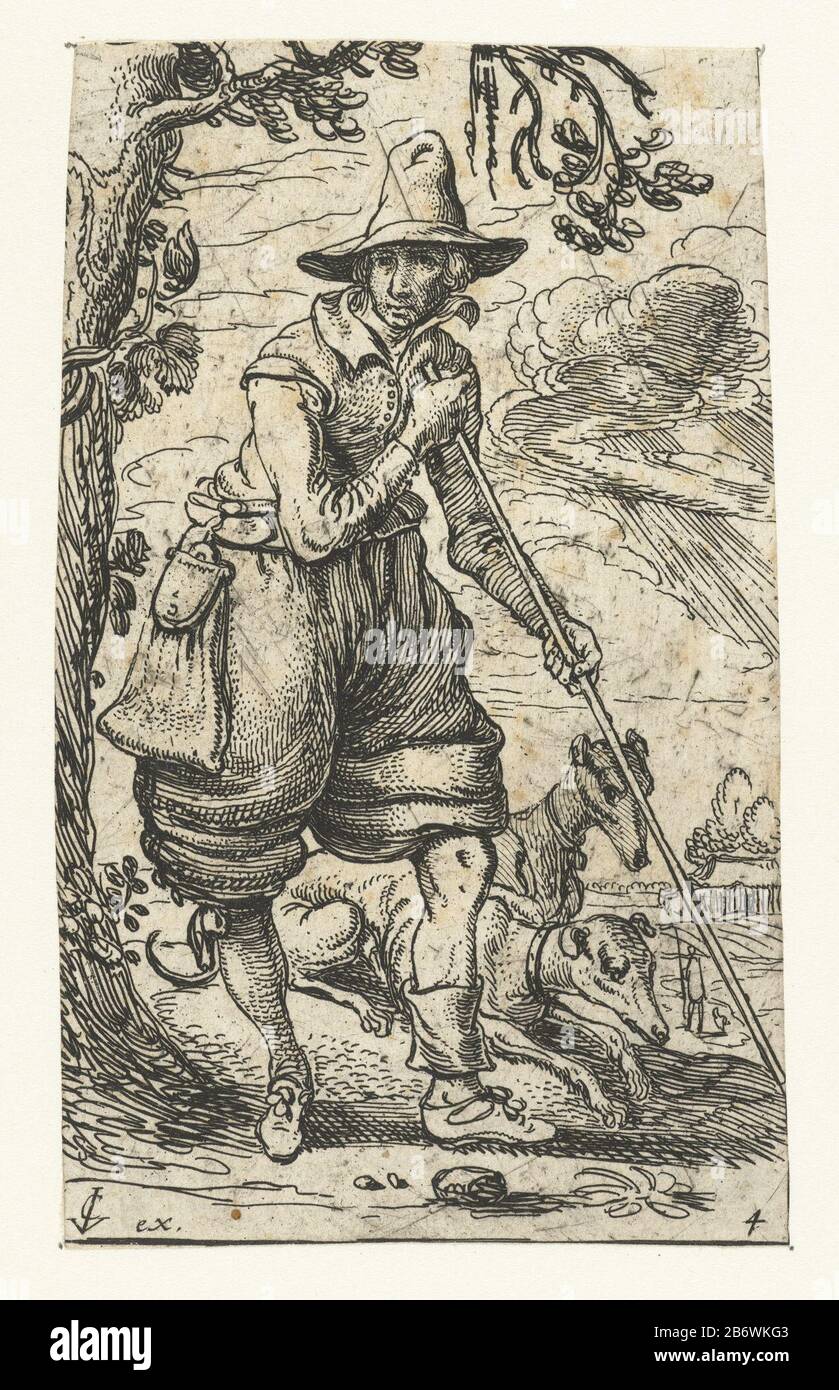 Jager traf Twee honden Hunter mit zwei Hunden Objekttyp: Print Serial: 4 / 8Objectnummer: RP-P-1878-A-1702Catalogusreferentie: Hollstein Dutch 6-3 (3) Markierungen / Marken: Sammlermarke, umgekehrte untere Mitte, gestempelt: Lugt 2228A Hersteller: Printer: Esaias van de Velde Publisher zu Esias Design: De Velsias. Visscher (II) (denkmalgeschütztes Gebäude) Ort Herstellung: Haarlem dating: 1610 - 1614 Physikalische Merkmale: Ätzmaterial: Papiertechnik: Ätzmaße: Blatt: H 123 mm (in unregelmäßigem Rechteck geschnitten) × W 74 mm Betreff: Jäger Stockfoto