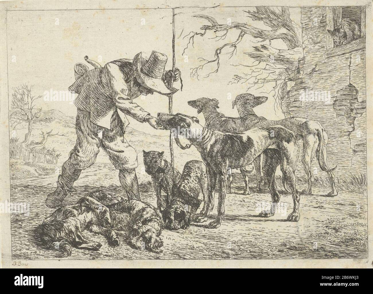 Jager traf zeven honden Versillede dieren (serietitel) Jäger mit sieben Hunden verschiedener Tiere (Serientitel) Immobilientyp: Bild-Artikelnummer: RP-PHR 70Catalogusreferency: Hollstein Dutch 6-1 (2) Markierungen / Marken: Sammlermarke, Verso, gestempelt: Lugt 10 Sammlermarke, verso, : Lugt bis 11er handschriftlich, gestempelt: Handschriftlich: '1'opschrift, recto, handschriftlich in brauner Tinte: 'B Bois' Beschreibung (?): Ein Jäger, der einen seiner sieben Jagdhunde unter dem Kinn streichelt, sitzt rechts eine Katze im Fensterrahmen. Der Druck ist Teil einer achtteiligen Reihe von Aufführungen verschiedener dieren. Stockfoto