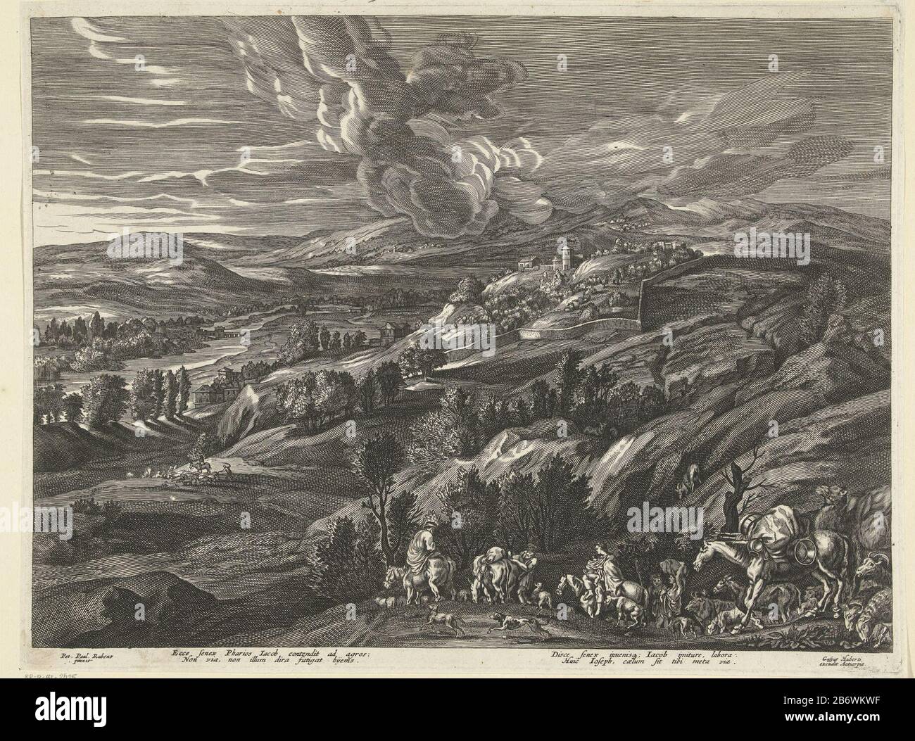 Jakob en zijn familiie reizen naar Egypte Heuvellandschap traf muur en rivier en reizigers in einem Hang, der Jacob und seine Familie nach Ägypten reiste. Unter der Show ist ein Text Latijn. Hersteller: Zu drucken von: Schelte Adamsz. Bolswerttprentmaker: Anonymer Entwurf von Peter Paul Rubens (denkmalgeschütztes Gebäude) Herausgeber: Gaspar Huybrechts (denkmalgeschütztes Eigentum) Ort Herstellung: Antwerpen Datum: 1596 - 1684 Physikalische Merkmale: Fahrzeugmaterial: Papiertechnik: Engra (Druckverfahren) Abmessungen: Plattenkante: H 333 mm × b mmToelichtingKopie 438 zum Druck von SA Bolswert. Bolswert produzierte seine von Peter Pa gestaltete Landschaft Stockfoto