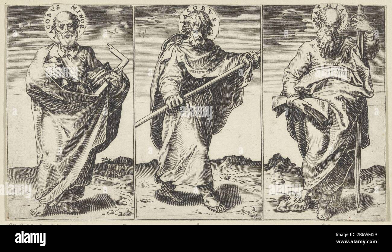 Jakobus de Mindere, Jakobus de Meerdere en Mattias Christus, Maria, Johannes de Doper en de Apostelen (serietitel) Leaf mit drei Aufführungen der Apostel Jakobus der Weniger mit Buch und Zimmermann, Jakobus der Größere mit Personal und Mattias, dem Nachfolger Judas Iscariots, mit einem schweren: D. Hersteller : Druckmaschine: Agostino Carracciuitgever: Orazio BertelliPlaats Herstellung: Druckmaschine: Italien Herausgeber: Venedig Datum: 1583 Physikalische Eigenschaften: Engra-Material: Papiertechnik: Engraa (Druckverfahren) Maße: Blatt: H 107 mm (Innenkante der Schnittplatte) b × 187 mm (Innenkante der Schnittplatte) Stockfoto