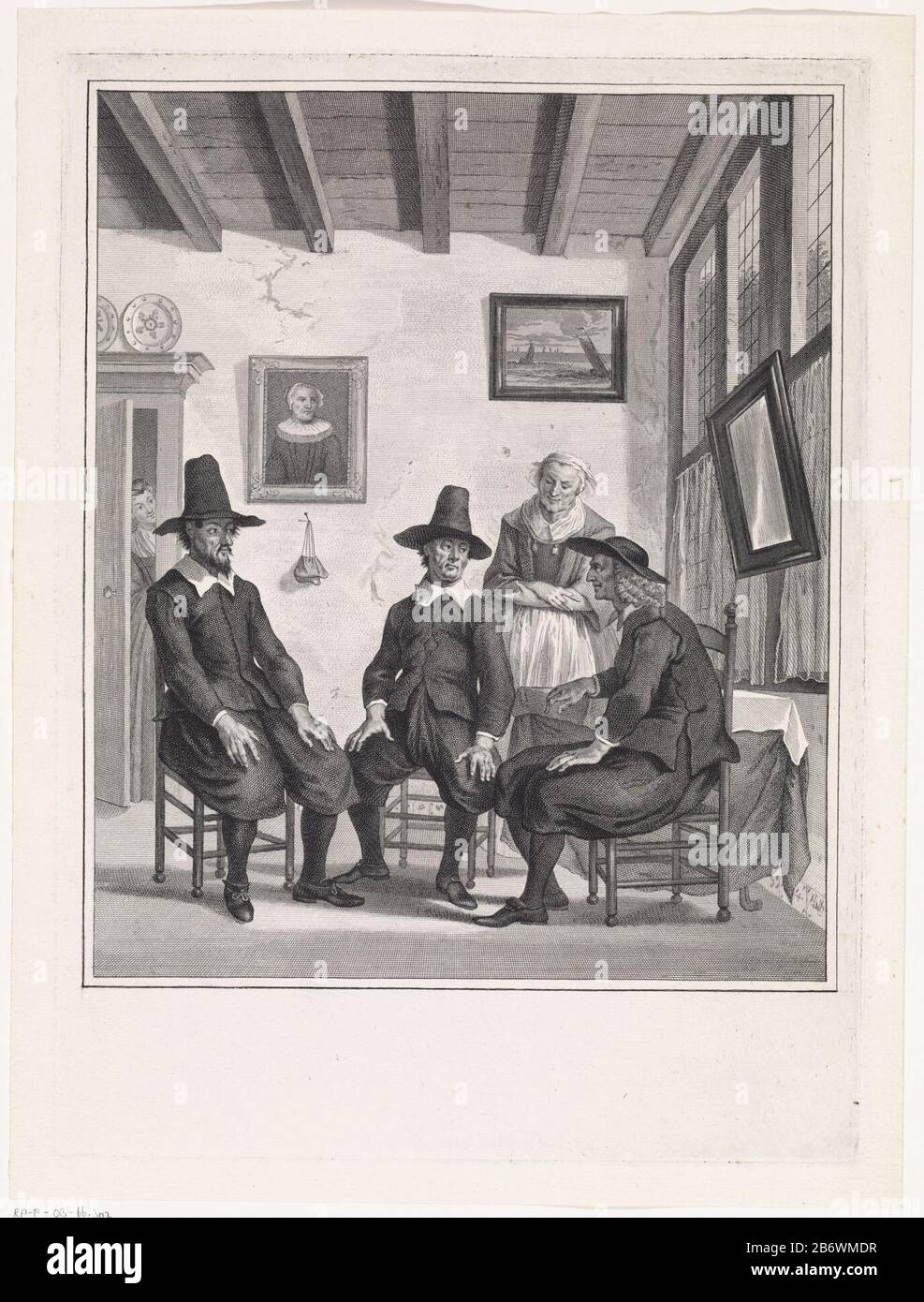 Jan Claasz von de gewaande dienstmaagd Saartje Jans ten huwelijk gevraagd die Mennoniten Tjerk Hendrikxe und Stoffel Thysen, beide mit Hut, forderten ihren Freund Reinier Adriaansz auf, Saartje Jansz zu benutzen. Vater Jan Jasperzen und seine Frau Diewertje sitzen und stehen auf der Fensterseite. Vor der Tür lauscht Saartje Jansz, die allerdings in den Rakisch Jan Claasz verliebt ist. Szene aus dem ersten Akt des Stücks Jan Claasz oder vorgetäuschter Diener Thomas Asselyn. Hersteller : Druckerhersteller Jan Dot Druckautor: Peter Tanjénaar Gemälde von Cornelis Troost Herstellung: Amsterdam D Stockfoto