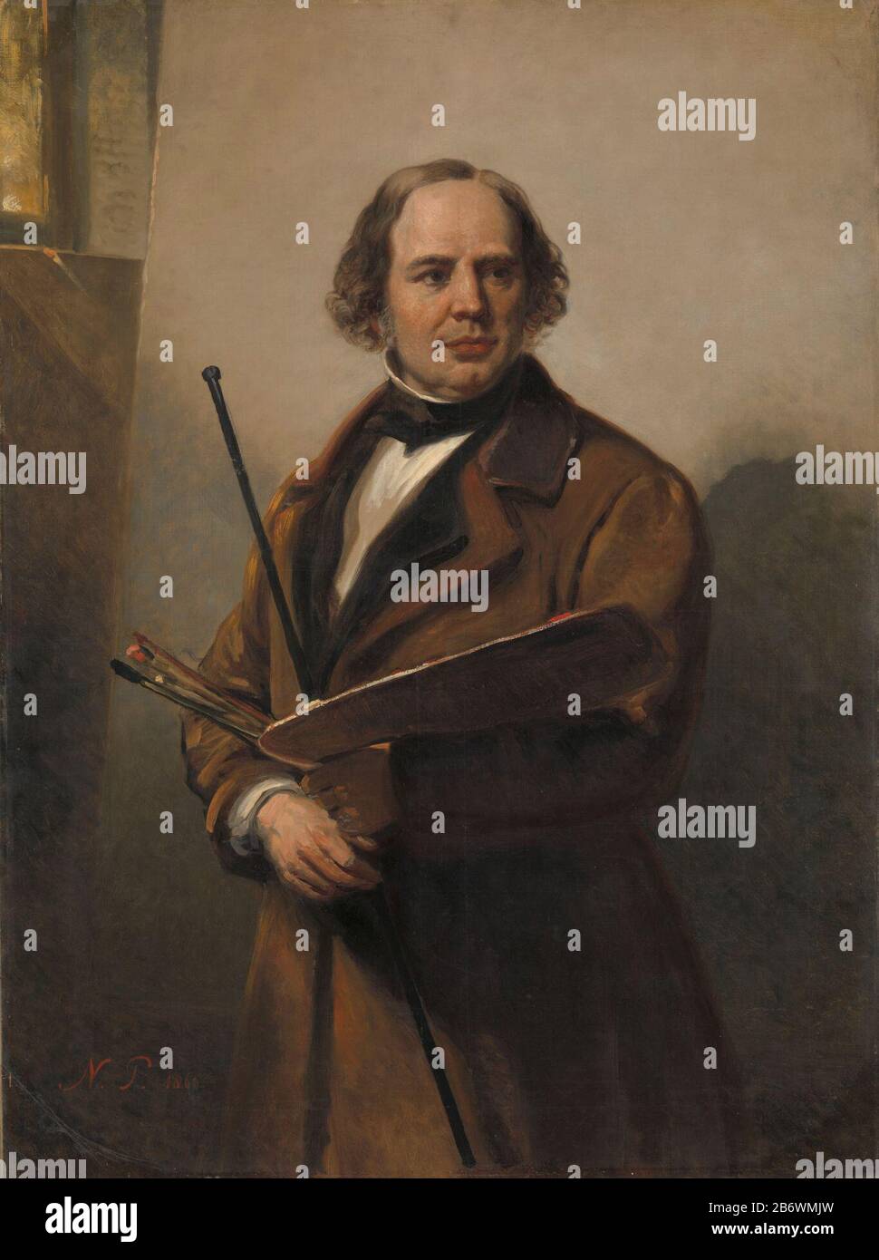 Jan Willem Pieneman (1779-1853) Schilder, vader van Nicolaas Pieneman, SK-A-1116 Porträt von Jan Willem Pieneman (1779-1853), Maler und Vater von Nicholas Pieneman. Hüftstück, stehend mit Palette, Lackbürsten und Farbstock im Handgelenk. Hersteller : Maler: Nicolaas Pien Mandat: 1860 Physische Eigenschaften: Öl auf Leinwand Material: Stofföl Abmessungen: Träger: H 140 cm. B × 104,6 cm. D × 4,2 cm. (Einschließlich Rückschutz.) Außenabmessungen: 12,7 cm d. (Träger einschließlich SK-L-4641.) Gesamtgewicht: 34 g kg (Träger einschließlich SK-L-4641.) Stockfoto