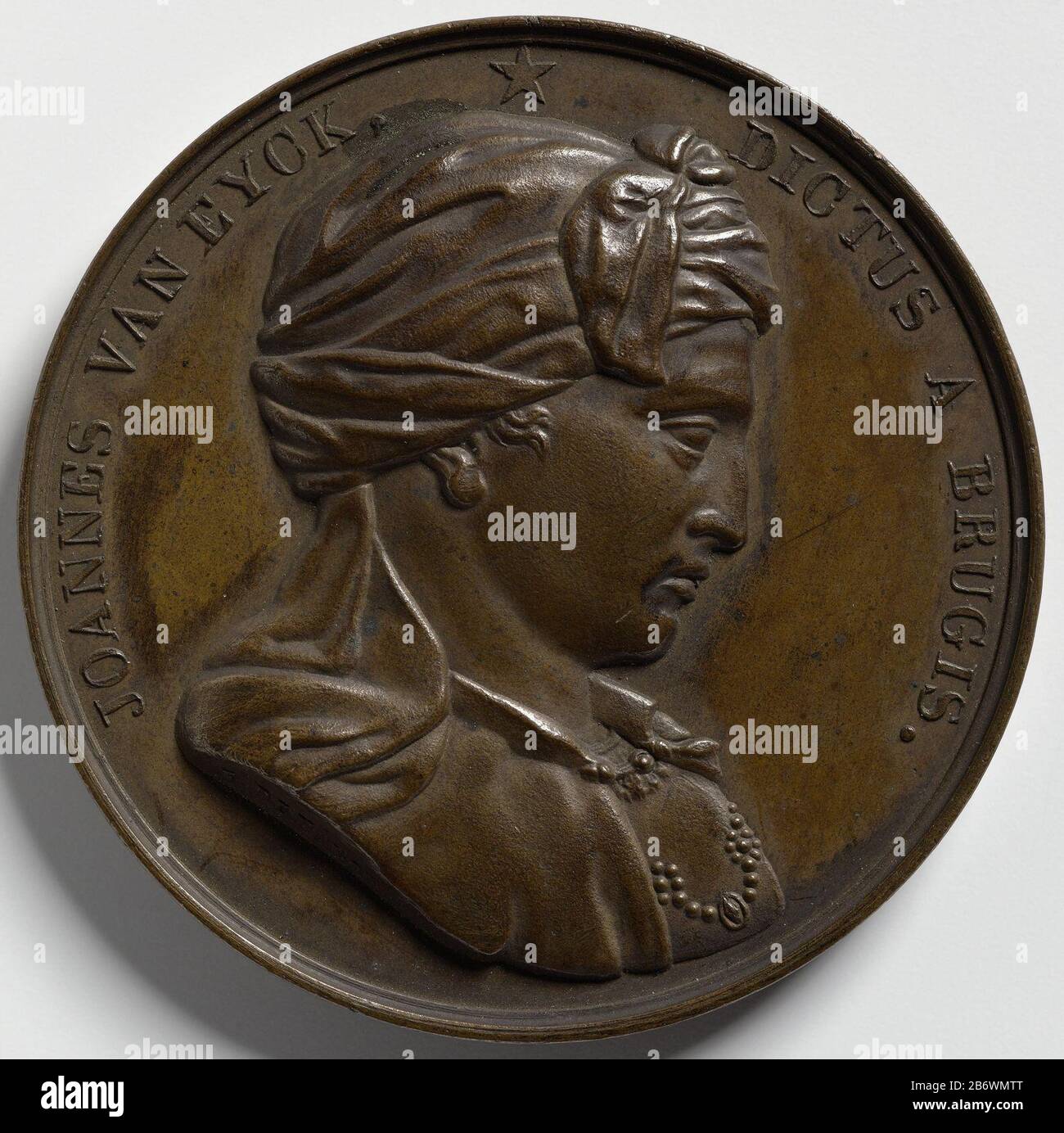 Jan van Eyck, Vlaams schilder Bronzemedaille. Vorderseite: Ein britziger Mann, der in der Legende Turban trägt. Umgekehrt: Leeres Feld innerhalb von lauwerkrans. Hersteller : Franciscus Johannes der Hondt-Ort Herstellung: Brugge Datum: 188 Material: Bronze Technik: Ladenmaße: D 4,2 cm. × 36,33 g gr Datum: 1828wie Jan van Eyck Stockfoto