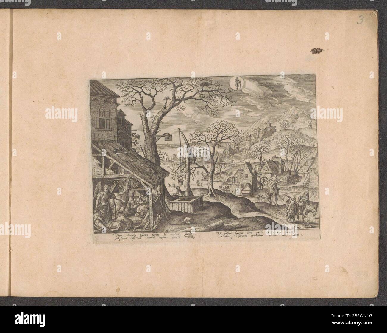 Januari Jozef wordt door een engel gewaarschuwd Emblemata Evangelica (serietitel) Middle Above the Zodiac sign Aquarius. In der linken unteren Ecke des Stalls, in dem Joseph und seine Familie schlafen. Josef wird von einem Engel geweckt und warnt vor den Plänen Herodes. In der rechten unteren Ecke lea die Familie nach Ägypten. Winter Hügellandschaft im Hintergrund. Unter den vier Zeilen ist Latein in zwei Spalten dargestellt (Mat. 2). Der Druck ist Teil eines Albums. Hersteller: Druckmaschine: Adriaen Collaert (denkmalgeschütztes Eigentum) von Hans Bol (denkmalgeschütztes Gebäude) Herausgeber: Sadeler (denkmalgeschütztes Eigentum) Herstellung Stockfoto