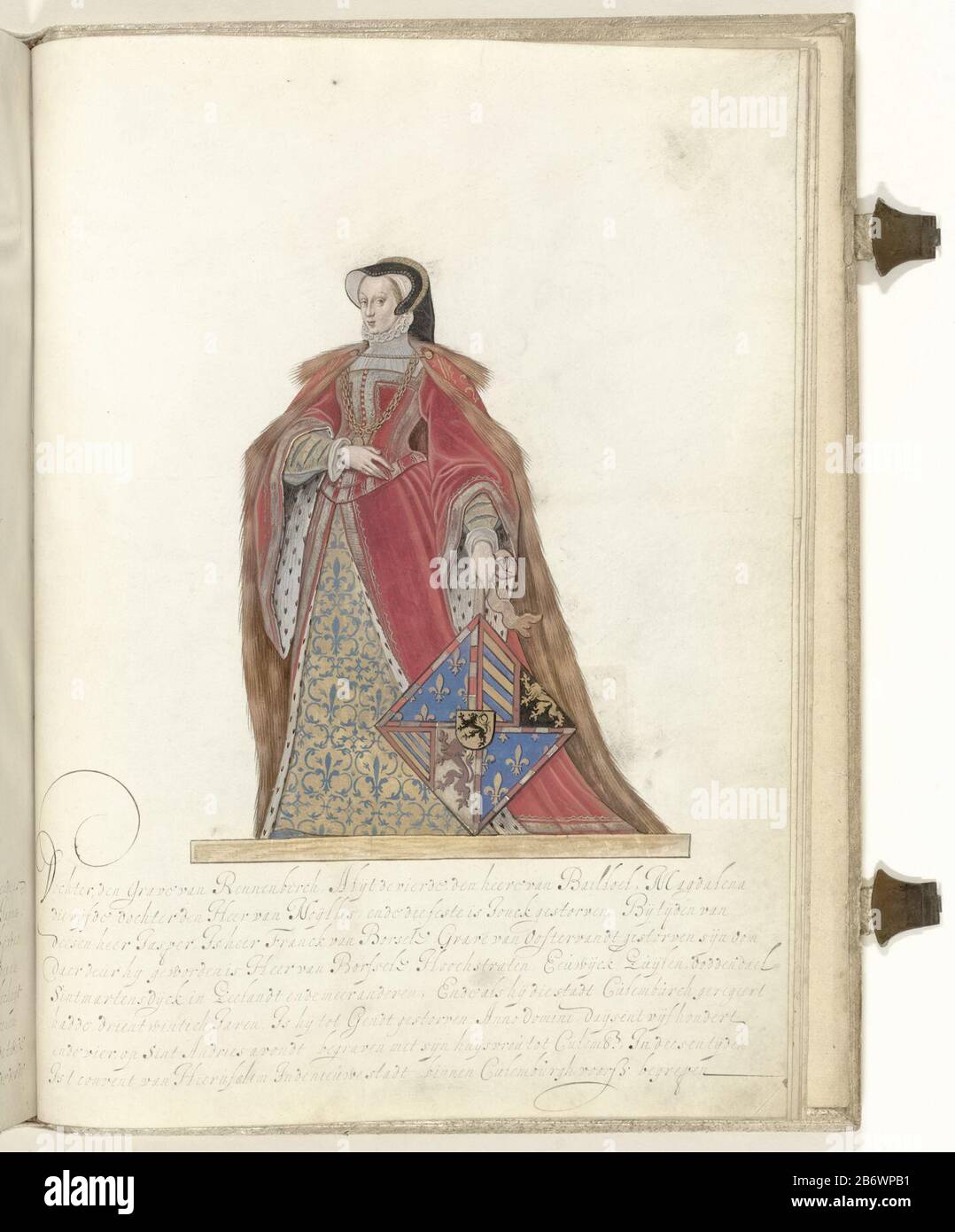Jeanne (Janna) von Burgundy, Dame von Culemborg. Frau von Sir Jasper van Culemborg. Mit dieser Ehe stirbt das Haus in der männlichen Linie. Volle Länge mit Armen stehen. Herald Manuskript illustrierte Manuskript mit der Genealogie der Herren und der Grafen von Culemborg. Hersteller: Künstler: Nicolaes Kemp (zugeschrieben) Autor: Anonymer Ort Herstellung: Nordholländer dating: CA. 1590 - ca. 1593 und/oder 1600 - ca. 1625 Physische Eigenschaften: Stift oder Pinsel in Farben auf Pergament, Gouache-Material: Pergamenttinte Aquarell Gold Lack Gouache (Aquarell) Technik: Bemalung/Schreiben von Abmessungen Stockfoto