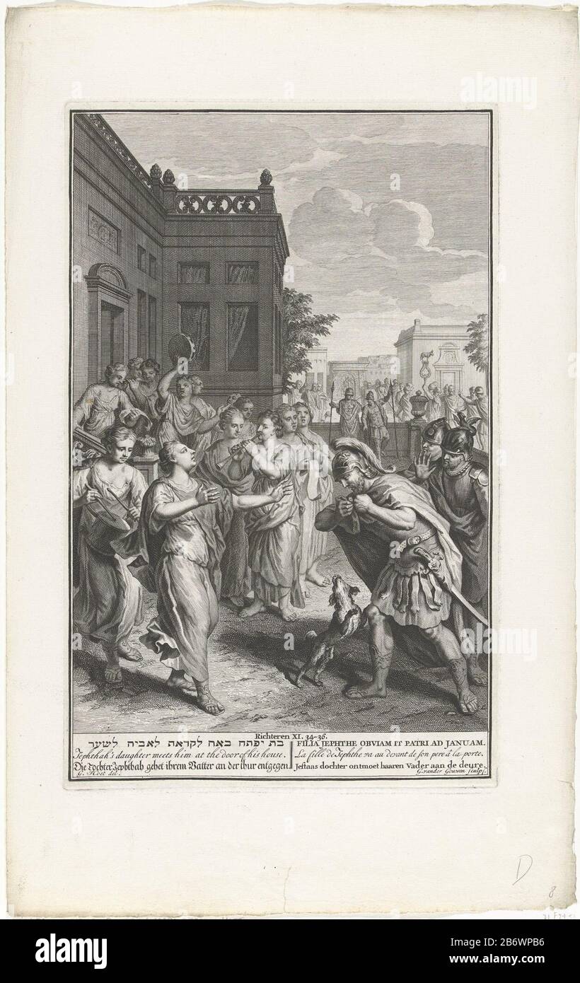 Jefta wordt door zijn dochter verwelkomd Jephthah kehrt aus dem Krieg zurück und festliche Begrüßung durch seine Tochter und musizierende Frauen (Ri. 11: 34-36). Jephthah ist dabei, seine Kleidung in Verzweiflung zu reißen, weil er Gott die erste Person versprochen hatte, der er Opfer angetroffen hatte. Der Druck hat eine hebräische, lateinische, französische, englische, deutsche und niederländische Sonderschrift. Hersteller: Druckmaschine: Gilliam van der Gouwen (denkmalgeschütztes Eigentum) zum Zeichnen: Gerard Hoet (I) (denkmalgeschütztes Gebäude) Herausgeber: Pieter de Hondt Place Herstellung: Druckmaschine: Amsterdam Herausgeber: Den Haag Datum: 1728 Physische Merkmale: Enra und Radierung mA Stockfoto