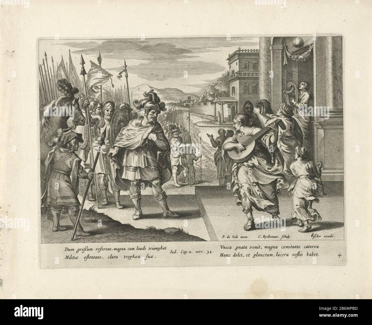 Jefta wordt door zijn dochter verwelkomd Geschiedenis van Jefta (serietitel) Jephthah kommt nach seinem Sieg über die Ammoniten und festlicher Begrüßung durch seine Tochter und musizierende Frauen (Ri. 11: 34-36). Jephthah ist dabei, seine Kleidung in Verzweiflung zu reißen, weil er Gott das erste versprochen hatte, was kommen würde, um ihn aus seiner Wohnung zu treffen, um zu bieten, es stellt sich heraus, dass seine Tochter zijn. Hersteller: Druckmaschine: Nicolaes Ryckmans (denkmalgeschütztes Eigentum) für die Gestaltung durch Pieter de Jode (I) (denkmalgeschütztes Gebäude) Verlag Claes Jansz. Visscher (II) (denkmalgeschütztes Gebäude) Herstellung: Amsterdam Datum: 1616 - 164 Stockfoto