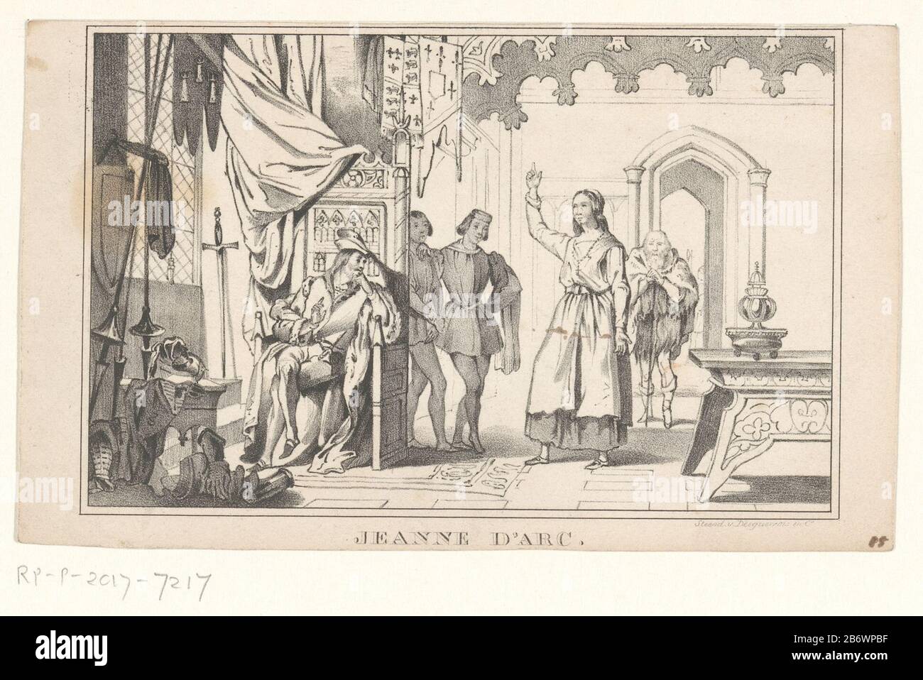 Jeanne d'Arc bij de dauphin in Chinon, 1429 Jeanne d'Arc (titel op object) Jeanne d'Arc overtuigt de dauphin in Chinon van haar missie, februari 1429. Hersteller : Hersteller: Anoniemdukker: Desguerrois & Co. (Vermeld op object)Plaats Herstellung: Nederland dating: 187-1899 Physikalische Kenmerken: Lithografiematerial: Papier Techniek: Lithografie (techniek) Abmessungen: Blad: H 95 mm × b 158 mm Betreff: Audition; Lineal Audigi enceer 149-02: 142-02: 142-02 Stockfoto