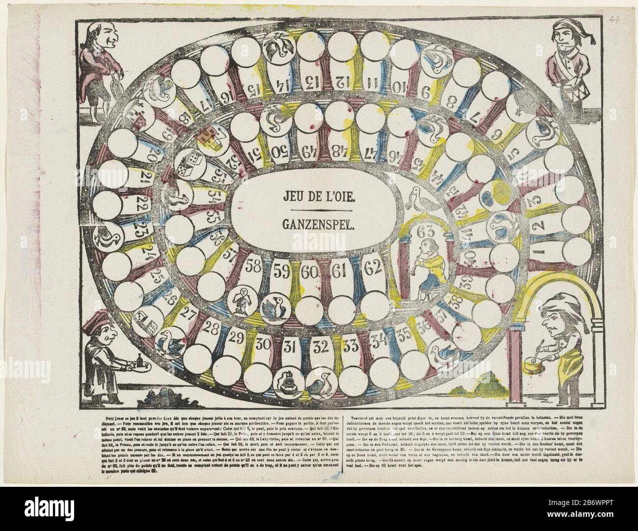 Jeu de l'oie Ganzenspel (titel op object) Gans Game mit einer Spirale mit Schlitzen von 1 bis einschließlich 63. In einigen Darstellungen der Kontrollkästchen Gänse. Im Mittelfeld der Titel, am unteren Rand der Regeln in der Briefpresse auf Niederländisch und in Frans. Hersteller : Herausgeber: M. Hemeleers-of Houterprentmaker: Anonymer Ort Herstellung: Schaerbeek Datum: 187 - 1894 Physische Merkmale: In Blau, Gelb und Rot gefärbter Holzschnitt; Textdruckmaterial: Papiertechnik: Holzschnitt / Farben / Druckformate: Blatt: H 318 mm × W 418 mm Betreff: Gänsespiel Stockfoto