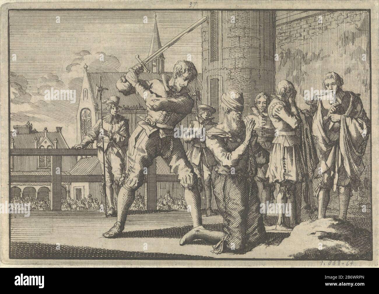 Johan van Oldenbarnevelt onthoofd, 1619 h des weerelds, van den aenvangh scheppingh to (...) 1576 (2 Teile). Leiden: Pieter van der Aa, 1698, Bd. I, S. 863. Betrifft: Gewaltsamer Tod durch EntheadingVeroordeling und Hinrichtung von Johan van Barneveld, Wenn: 1619 - 1619wie: Johan van Barneveld Stockfoto