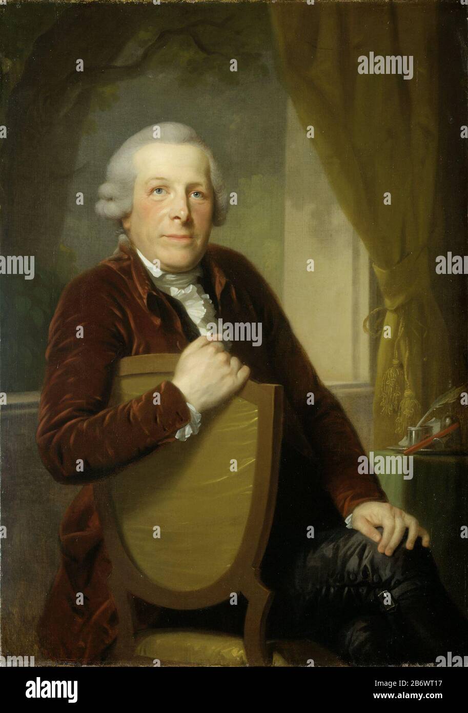 Johannes Lublink II (1736-1816) Filosoof, letterkundige en staatsman, SK-A-2827 Porträt von John Lublink II (1736-1816), Philosoph, Literaturwissenschaftler und Staatsmann. Kniestück, Astride geschlagen auf einem Stuhl, der mit dem rechten Arm über den Rücken sitzt. Rechts ein Tisch mit einem Ständer. Anhänger von SK-A-2828. Hersteller : Maler: Johann Friedrich August Tischbein dating: 170-95 Physikalische Eigenschaften: Öl auf Leinwand Material: Stofföl Abmessungen: Stoffgröße: H 101 cm. B × 72 cm. D × 7 cm Rahmen im Lieferumfang enthalten: H 119,5 cm. B × 91 cm. Stockfoto