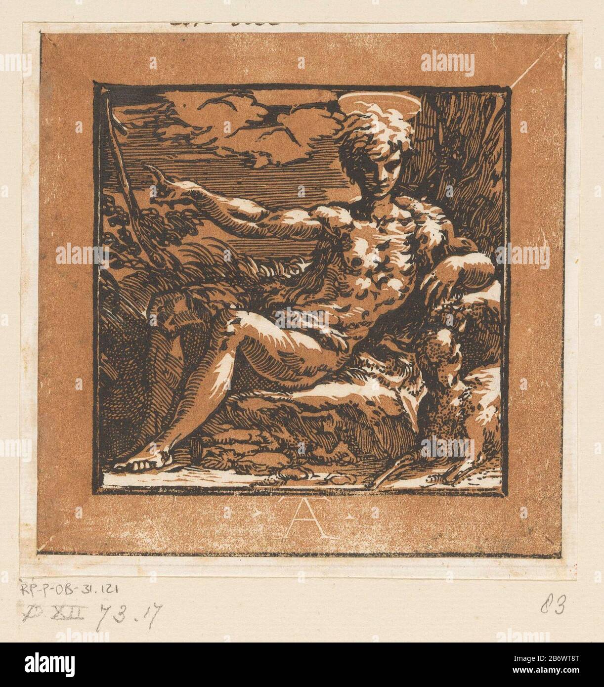 Johannes de Doper in de wildernis Johannes der Täufer mit Lamm und Korbkruis. Hersteller : Druckerhersteller Antonio da Trento (denkmalgeschütztes Objekt) zum Entwurf: Parmigianinoplaats Herstellung: Italien Datum: CA. 1520 - ca. 1.550 Physische Merkmale: Schwarzer und brauner Chiaroscuro-Holzschnitt; gedruckt aus einer Holzblocklinie und einem Holztonblock Material: Papiertechnik: Chiaroscuro-Holzschnitt-Größe: Blatt: H 139 mm × W 138 mm Betreff: Johannes der Täufer; mögliche Attribute: Buch, Kreuz fuhr, Tauf, Wabe, Lamm, Stab Stockfoto