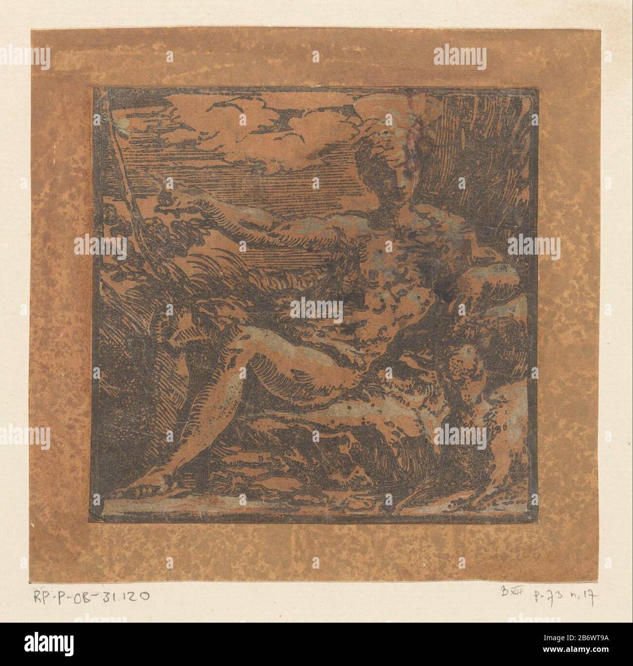 Johannes de Doper in de wildernis Johannes der Täufer mit Lamm und Korbkruis. Hersteller : Druckerhersteller Antonio da Trentonaar Design : Parmigianinoplaats Herstellung: Italien Datum: CA. 1520 - ca. 1.550 Physische Merkmale: Chiaroscuro in schwarz und braun; gedruckt aus einer Holzblocklinie und einem Holztonblock Material: Papiertechnik: Chiaroscuro Holzschnitt-Größe: Blatt: H 107 mm × W 110 mm Betreff: Johannes der Täufer; mögliche Attribute: Buch, fuhr Kreuz, Taufbecher, Wabe, Lamm, Personal Stockfoto