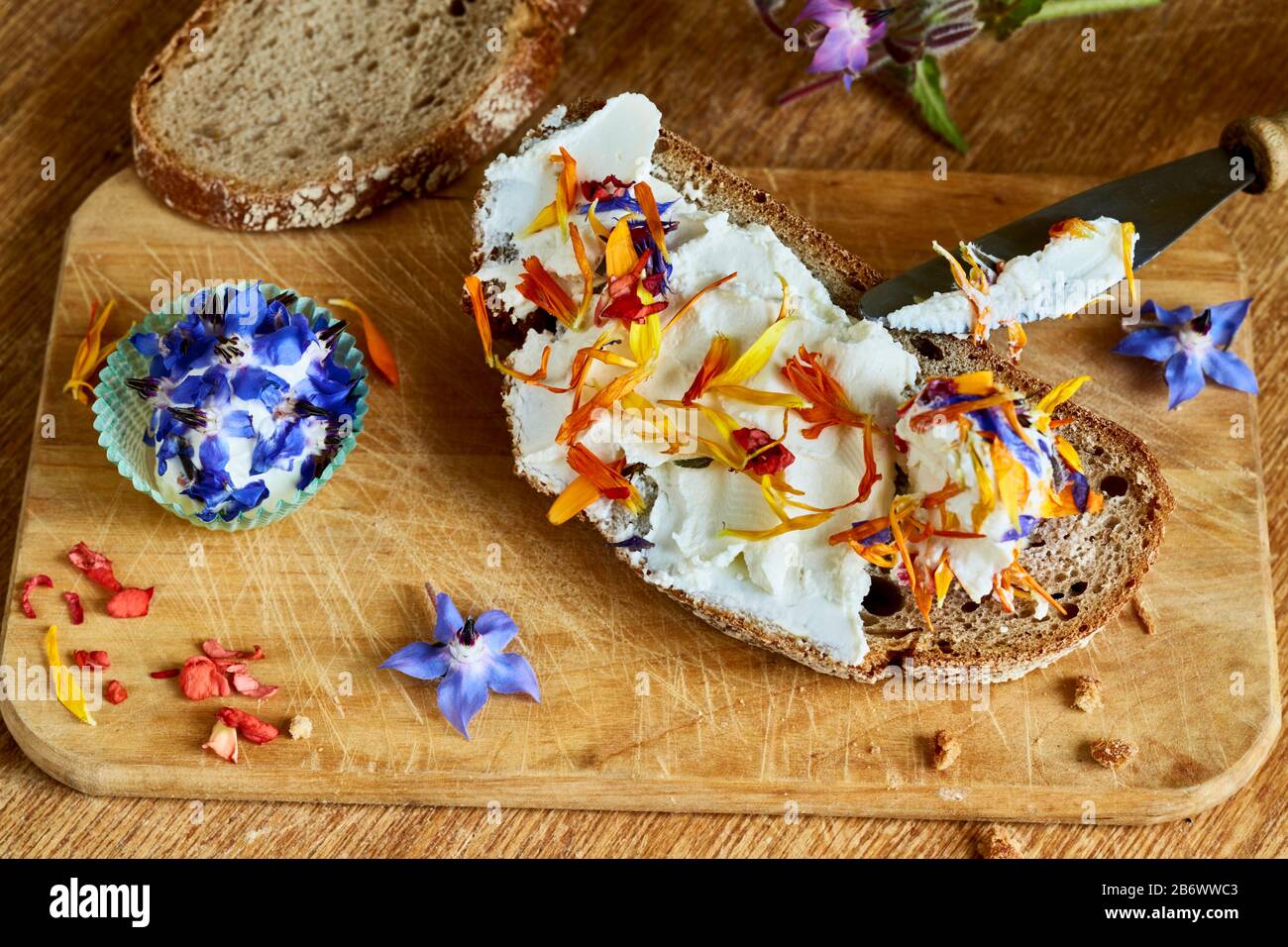 Kinder, die Lebensmittel untersuchen. Essbare Blumen auf einer Scheibe Brot mit Frischkäse. Lernen nach dem Reggio-Pädagogik-Prinzip, spielerisches Verständnis und Entdeckung. Deutschland. Stockfoto