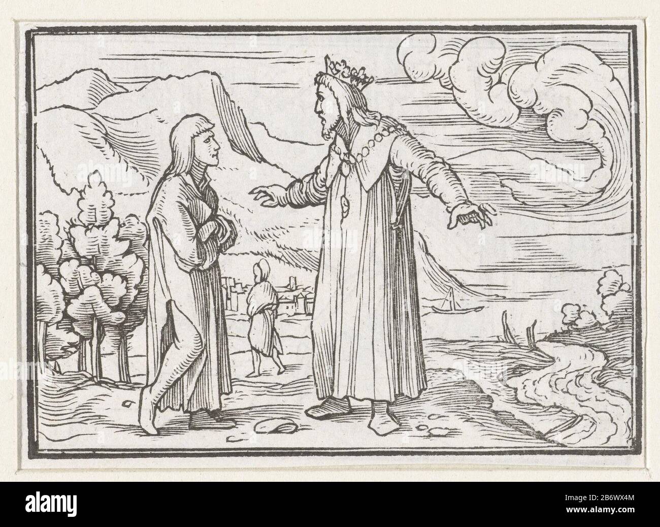 Jonatan vraigt het vertrouwen van David Jonathan, Sohn Sauls, bittet David, auf Gott zu vertrauen. Im Rand über dem Bild befindet sich der Text I Regvm XXIII [1 Samuel 23] . Hersteller: Druckhersteller: Hans Holbein (II) sind Blockschneider: Veit Rudolf Speck Linda Tering: 1538 Physikalische Eigenschaften: Holzblockmaterial: Papiertechnik: Holzblockmaße: Bild: H 60 mm × b 85 mmblad: H 84 mm × 98 mmToelichtingHoutblok b zum ersten Mal verwendet in: Die Bibliothek Utriusque Testamenti iuxta Vulgatam Translationem, Lyon, M. G., und Trechsel (für Hugo à Porta) 1538. Später, in mehreren Publikationen gebruik Stockfoto