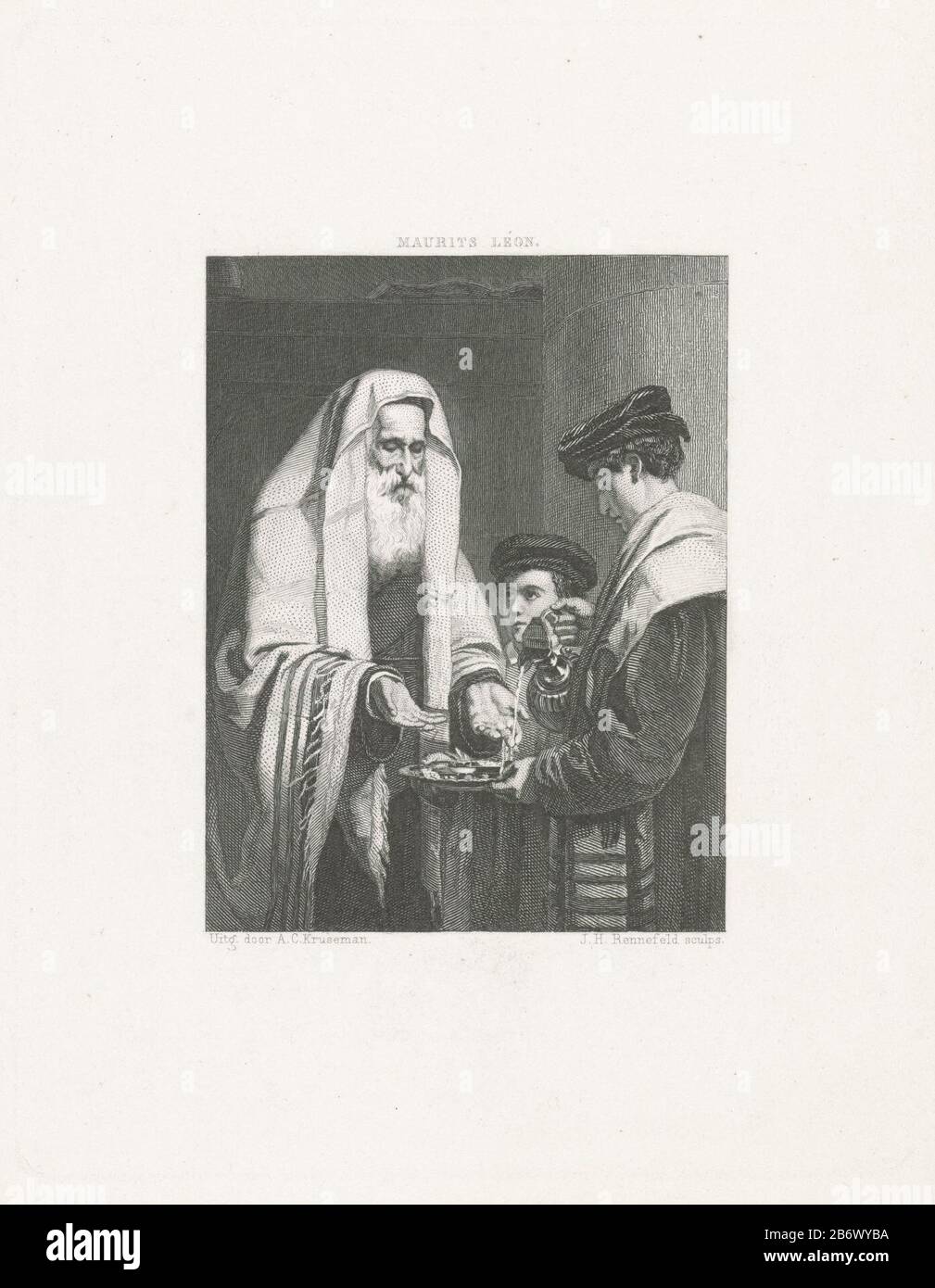 Jonge man schenkt Wasser über de handen van een oude man De Priesterzegens EIN junger Mann gießt einem alten Mann Wasser auf die Hände, während ein Junge toekijkt. Hersteller: Druckmaschine: Johann Heinrich Maria Hubert Rennefeld (denkmalgeschütztes Eigentum) entworfen von: Maurice Leon (denkmalgeschütztes Gebäude) Herausgeber: Arie Cornelis Kruseman (denkmalgeschütztes Eigentum) Ort Herstellung: Amsterdam Datum: 1864 Physikalische Eigenschaften: Ätzung, Engra und Roulette Material: Papiertechnik: Ätzung / Engras (Druckverfahren) / Rouletteabmessungen: Plattenkante: H 178 mm × W 138 mmToelichtingIllustratie im Jahrbuch: Samuel Johannes van den B. Stockfoto