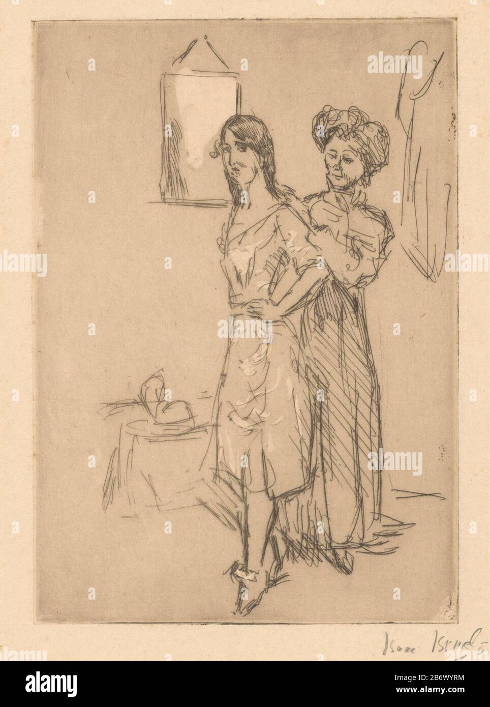 Jonge vrouw bij hoedenmaakster Bij de modiste (titel op object) die Frau steht mit der Hand auf ihrer Hüfte, während die Millinerin ihre Größe aufzeichnet. Im Hintergrund ein Hut auf einer tafel. Hersteller: Druckmaschine: Isaac Israels (persönlich unterzeichnet) Datum: 1878 - 1934 Material: Papiertechnik: Radierung / Plattentonabmessungen: Plattenkante: H 178 mm × W 125 mm Betreff: Hatteradulte Frau Stockfoto