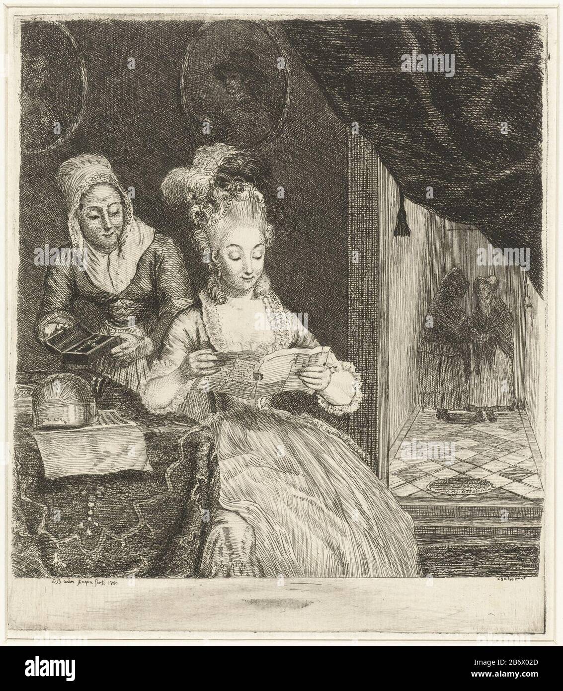 Jonge vrouw leest een Brief eine junge Frau sitzt an einem Tisch und liest einen Brief. Neben ihr, die eine Magd hält, ist ein Schmuckkästchen geöffnet. Auf dem Tisch steht eine Mandoline und ein Buch mit Notenblatt. An der Wand hängen zwei Porträts in ovalen Rahmen. Rechts, hinter einem Vorhang, erleidet ein Flur zur Haustür. Zwei Frauen stehen im Flur, um zu praten. Hersteller : Druckhersteller: Louis Bernard Coclers (unter Denkmalschutz stehende Eigenschaft) zum Malen: Louis Bernard Coclers (unter Denkmalschutz stehende Eigenschaft) Ort Herstellung: Leiden Datum: Ca. 880 Physische Merkmale: Radierung und Trockenpunkt Material: Papiertechnik: Radierung / Trockenpunkt Messungen: Platte e Stockfoto