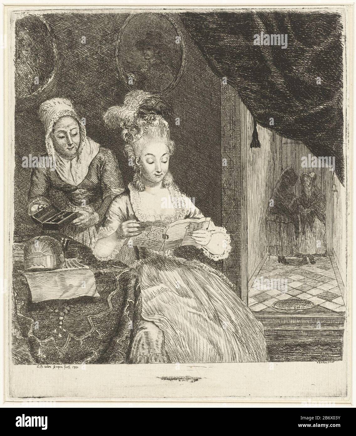 Jonge vrouw leest een Brief eine junge Frau sitzt an einem Tisch und liest einen Brief. Neben ihr, die eine Magd hält, ist ein Schmuckkästchen geöffnet. Auf dem Tisch steht eine Mandoline und ein Buch mit Notenblatt. An der Wand hängen zwei Porträts in ovalen Rahmen. Rechts, hinter einem Vorhang, erleidet ein Flur zur Haustür. Zwei Frauen stehen im Flur, um zu praten. Hersteller : Druckhersteller: Louis Bernard Coclers (unter Denkmalschutz stehende Eigenschaft) zum Malen: Louis Bernard Coclers (unter Denkmalschutz stehende Eigenschaft) Ort Herstellung: Leiden Datum: Ca. 880 Physische Merkmale: Radierung und Trockenpunkt Material: Papiertechnik: Radierung / Trockenpunkt Messungen: Platte e Stockfoto