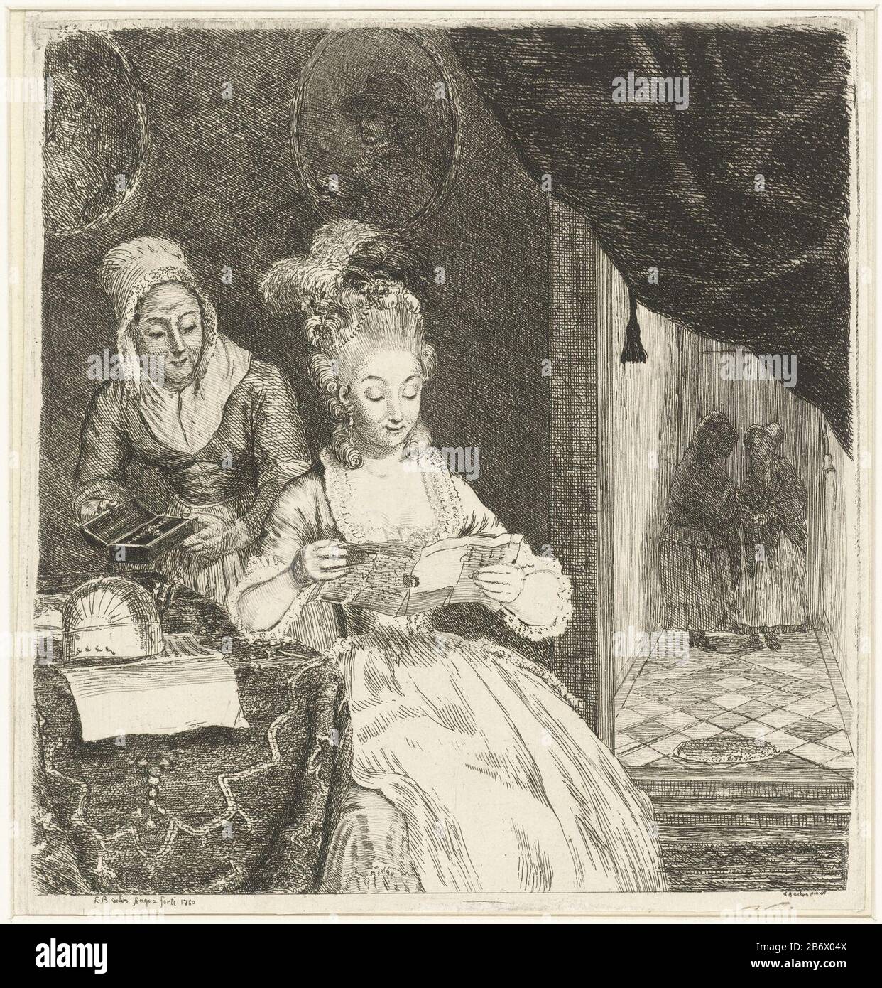 Jonge vrouw leest een Brief eine junge Frau sitzt an einem Tisch und liest einen Brief. Neben ihr, die eine Magd hält, ist ein Schmuckkästchen geöffnet. Auf dem Tisch steht eine Mandoline und ein Buch mit Notenblatt. An der Wand hängen zwei Porträts in ovalen Rahmen. Rechts, hinter einem Vorhang, erleidet ein Flur zur Haustür. Zwei Frauen stehen im Flur, um zu praten. Hersteller : Druckhersteller: Louis Bernard Coclers (unter Denkmalschutz stehende Eigenschaft) zum Malen: Louis Bernard Coclers (unter Denkmalschutz stehende Eigenschaft) Ort Herstellung: Leiden Datum: Ca. 880 Physische Merkmale: Radierung und Trockenpunkt Material: Papiertechnik: Radierung / Trockenpunkt Messungen: Blatt: Stockfoto