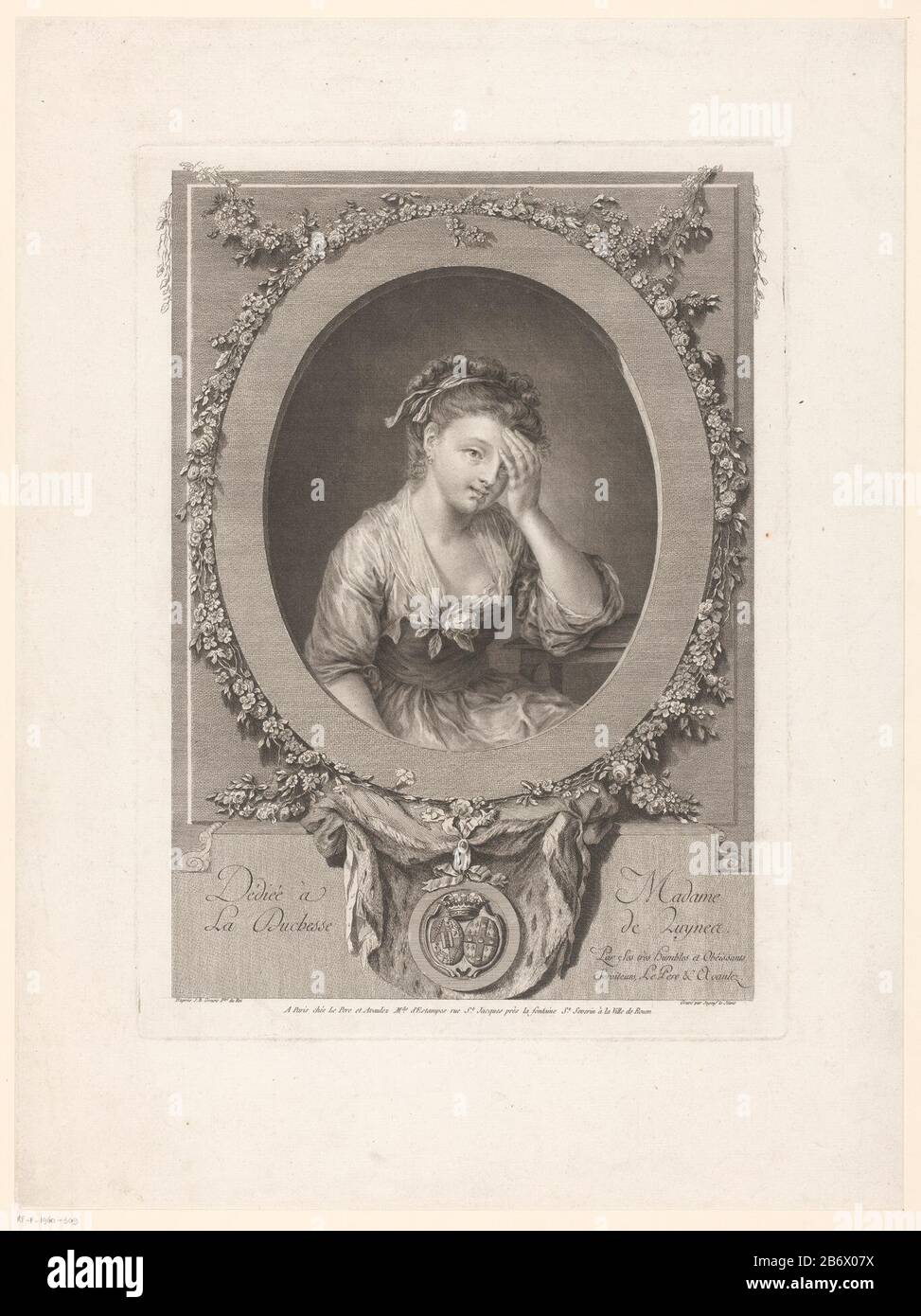 Jonge vrouw met Hand aan haar hoofd Jonge vrouw met Hand aan haar hoofd Object Type: Prent Objectnummer: RP-P-1960-309Catalogusreferentie: IFF 18e siècle 49-4(4) Inscriptions / Merken: Collector's Mark, verso, gestempeld: Lugt 2228 Hersteller : inguard op François Objekt: Jean-Baptiste van meueld: Jean-Baptiste van moueld (Objekt) Charles Le Père & Pierre-Michel Avaulez (vermeld op object)opgedragen door: Charles Le Père & Pierre-Michel Avaulez (vermeld op object)opgedragen aan: Madame de Luynes (vermeld op object)Plaats manufy: Prentmaker: Frankrijk Stockfoto