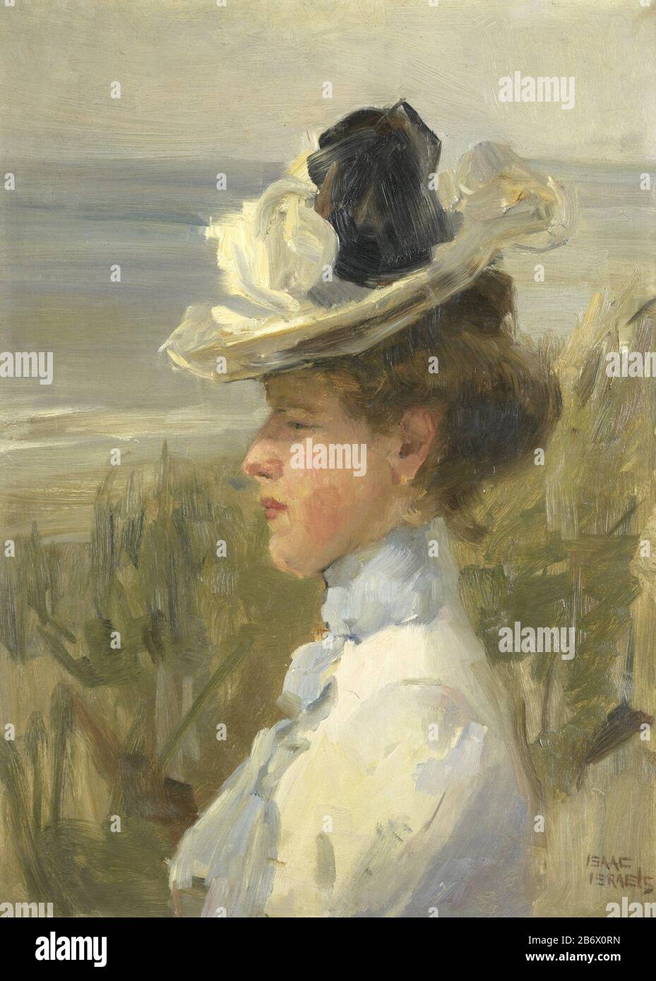 Jonge vrouw, uitkijkend over zee, SK-A-4679 Studie einer jungen Frau, die dem Meer zugewandt ist. Büste, links, mit Hut. Im Hintergrund Sanddünen und Zee. Hersteller : Maler Isaac Israel Ort Herstellung: Niederlande Datum: CA. - ca. 1900 Physikalische Eigenschaften: Öl auf Kartonmaterial: Pappe Ölabmessungen: Halter: H 61,2 cm. B × 45 cm Außenabmessungen 2,3 cm d. (Träger einschließlich SK-L-3215.) Betreff: Historische Personen, die nicht namentlich bekannt sind - BB - Frau Strandausrüstung: Hut Stockfoto