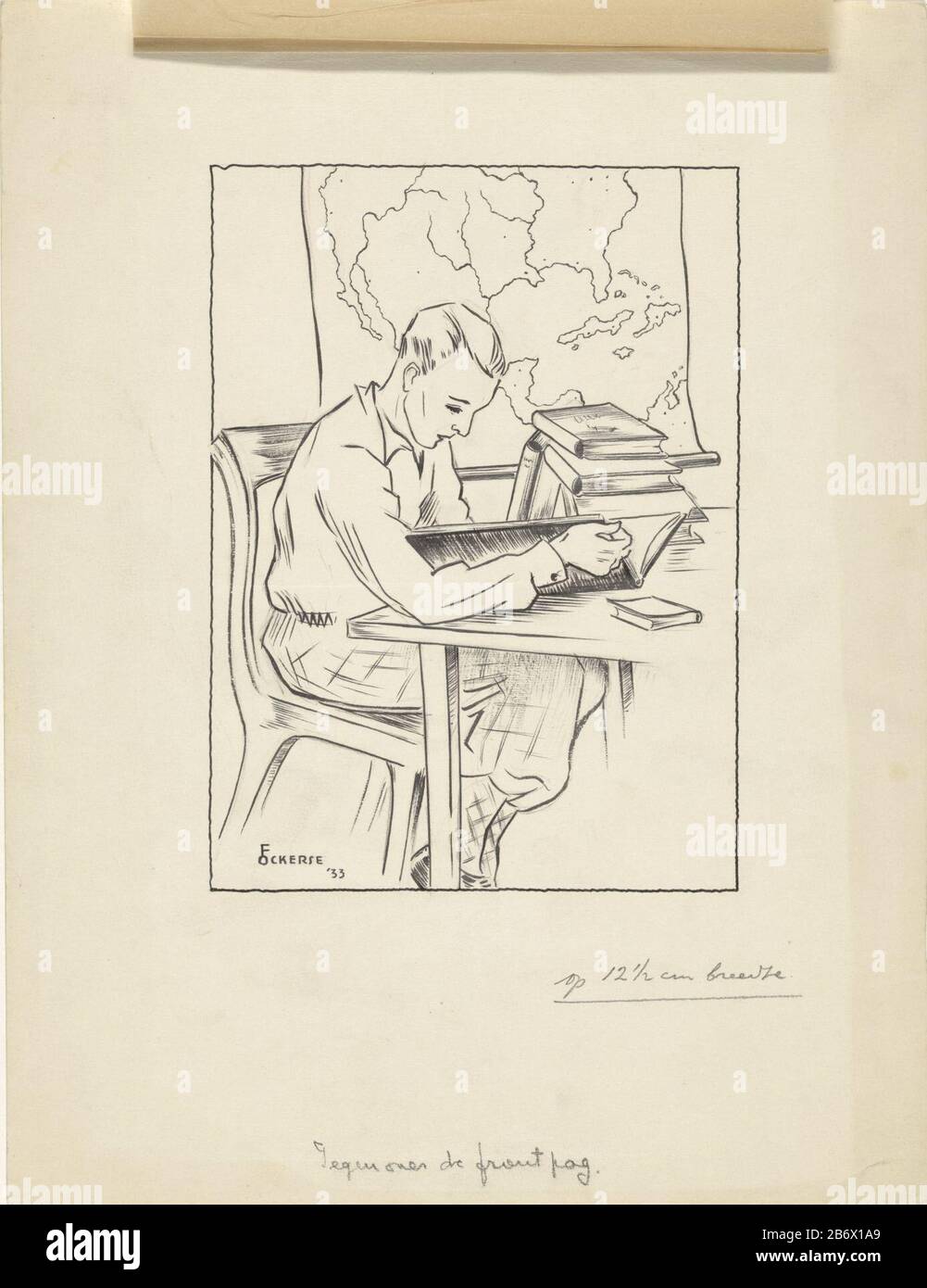 Jongeman leest een boek aan een tafel ein junger Mann sitzt an einem Tisch und liest ein Buch. Neben ihm liegt ein Stapel Bücher auf dem Tisch. Im Hintergrund hängt eine Weltkarte auf dem Maur. Hersteller : Illustrator F. Ockerse (persönlich signiert) Datum: 1933 Physikalische Merkmale: Stift und Pinsel in Schwarz über Bleistift; Wrap Calqueerpapier Material: Tastung Papier Bleistift Lacktechnik: Stift / Pinsel Abmessungen: H 326 mm × W 249 mm Betreff: Lesekarten, Atlanten Buch Stockfoto