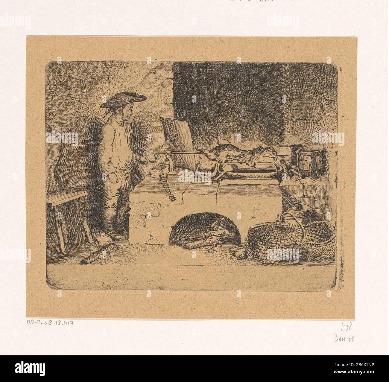 Jongen bij het spit Boy beim Spit Objekttyp: Bild Artikelnummer: RP-P-ob-13.417Katalogusreferentie Bauer 40Engelmann 38 Aufschriften / Marken: Sammlermarke, Verso, gestempelt: Lugt 2228 Hersteller : Druckerhersteller Daniel Nikolaus Chodowie: Ckinaar eigenes Design: Daniel Nikolaus Chodowiecklaats Physisches Material: 1764 Material auf dem Papier herstellen: Baujahr: 1764 auf dem Papier Papiertechnik: Ätzmaße: Plattenkante: H 113 mm × W 144 mmToelichtingDe Darstellung zeigt den Sohn von Thomas, einem Gärtner für den Potsdamer Thor, während er auf einem Spieß mit Lammdraait steht. Betrifft: Spit  Co Stockfoto