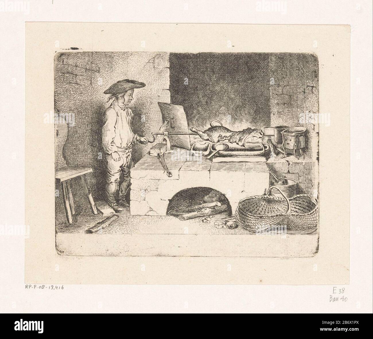Jongen bij het spit Boy beim Spit Objekttyp: Bild Artikelnummer: RP-P-ob-13.416Katalogusreferentie Bauer 40Engelmann 38 Aufschriften / Marken: Sammlermarke, Verso, gestempelt: Lugt 2228 Hersteller : Druckerhersteller Daniel Nikolaus Chodowie: Ckinaar eigenes Design: Daniel Nikolaus Chodowiecklaats: Abmessungen: Baumaterial: Baugröße: 1764 Plattenkante: H 113 mm × W 145 mmToelichtingDe Darstellung zeigt den Sohn von Thomas, einem Gärtner für den Potsdamer Thor, während auf einem Spieß mit Lammdraait. Betrifft: Spit  Kochtabe (Kind dazwischen Stockfoto