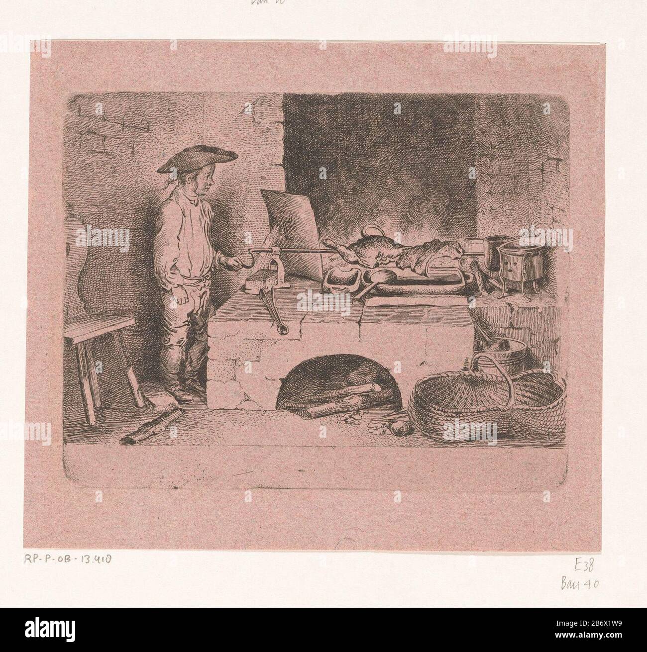 Jongen bij het spit Boy beim Spit Objekttyp: Bild Artikelnummer: RP-P-ob-13.418Katalogusreferent Bauer 40Engelmann 38 Aufschriften / Marken: Sammlermarke, Verso, gestempelt: Lugt 2228 Hersteller : Druckerhersteller Daniel Nikolaus Chodowie: Ckinaar eigenes Design: Daniel Nikolaus Chodowiecklaats Physisches Material: 1764 auf Papier herstellen: Pink auf Papier Papiertechnik: Ätzmaße: Plattenkante: H 115 mm × W 146 mmToelichtingDe Darstellung zeigt den Sohn von Thomas, einem Gärtner für den Potsdamer Thor, während er auf einem Spieß mit Lammdraait steht. Betrifft: Spit  Kochen Stockfoto