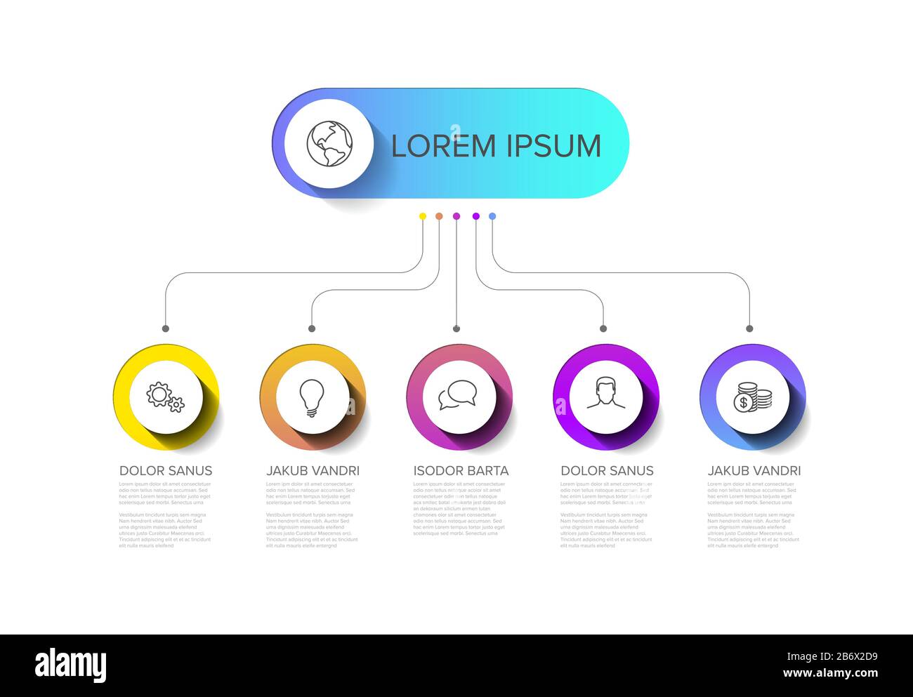 Infografievorlage Vector Multifunktions mit Titel- und fünf Elementoptionen und modernen Farben auf weißem Hintergrund Stock Vektor