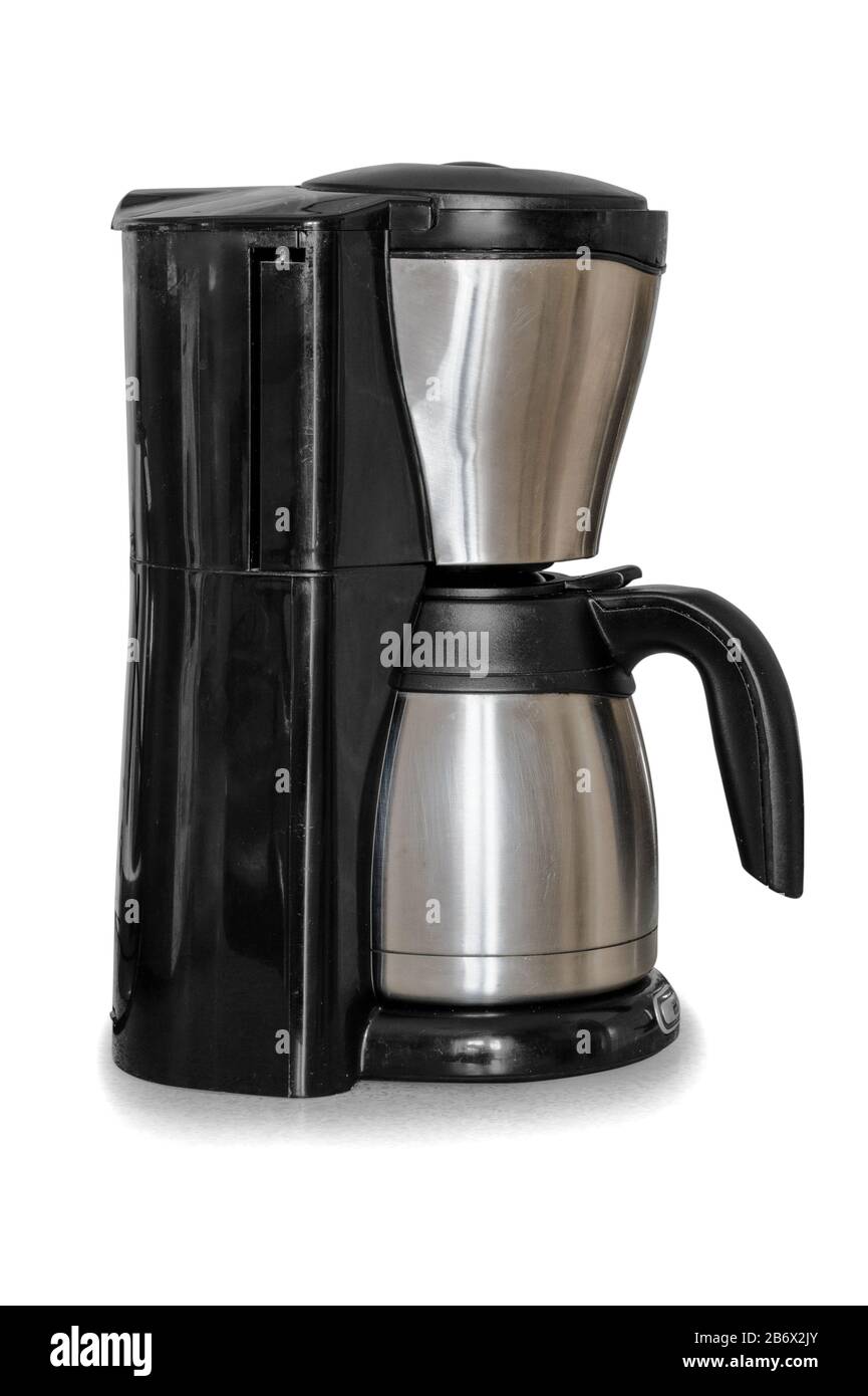 Kaffeemaschine für die Zubereitung von Tropfkaffee. Wasserkocher. Mit Beschneidungspfad. Isoliert auf weißem Hintergrund mit natürlichem Schatten. Elektrische Kaffeemaschine, isola Stockfoto