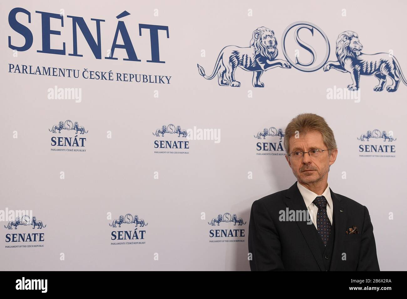 Senatschef Milos Vystrcil hält Briefing zu Themen vor, die gestern bei der Sitzung der obersten Verfassungsbeamten im Palast von Valdstejnsky in Prag, Tschechien, am Donnerstag, den 12. März 2020, diskutiert wurden. (CTK Foto/Ondrej Deml) Stockfoto