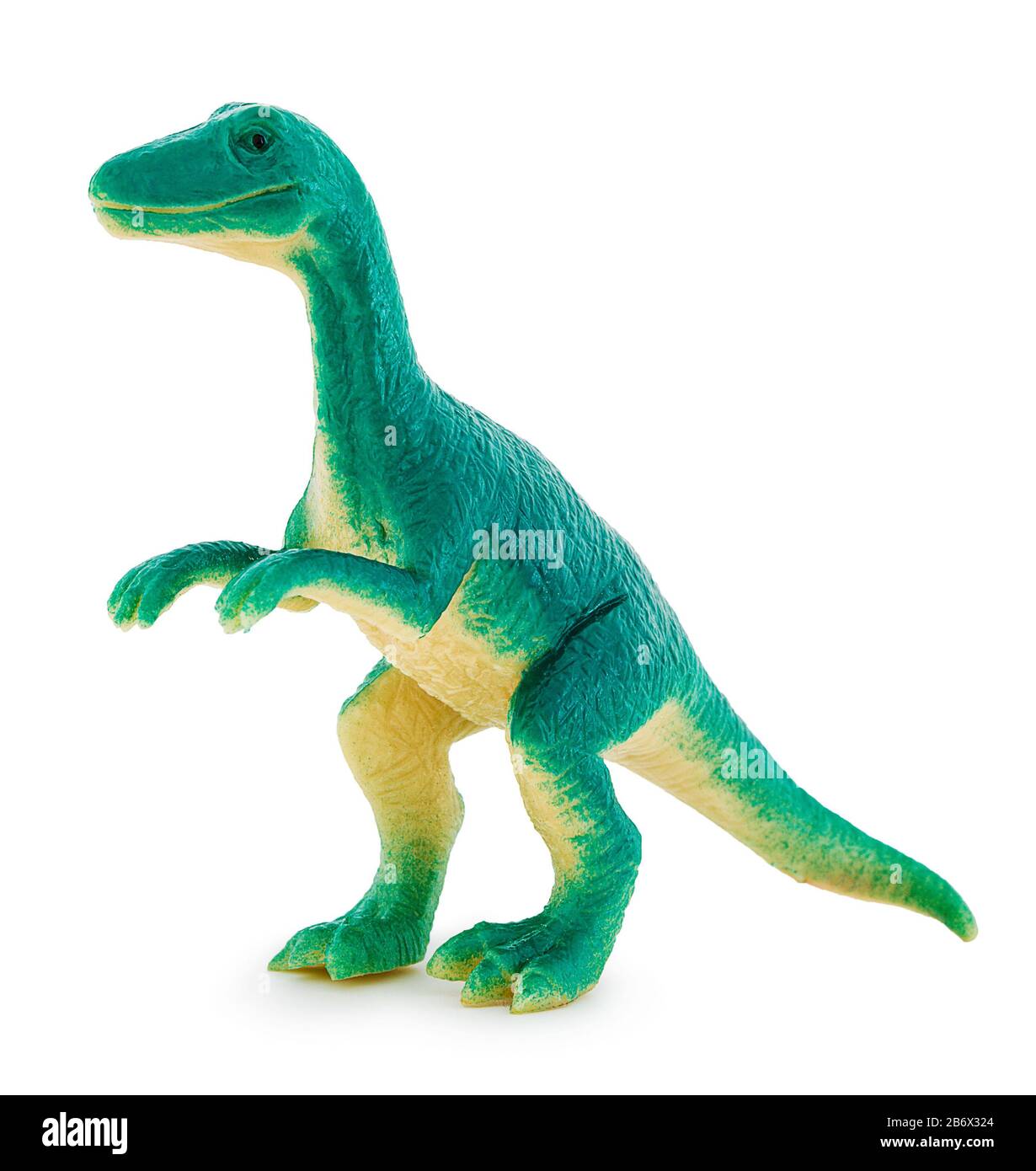 Herrerasaurus Plastikspielzeug. Isoliert auf weißem Hintergrund mit natürlichem Schatten. Herreras Eidechsen-Dinosaurier auf dem weißen bg. Stockfoto