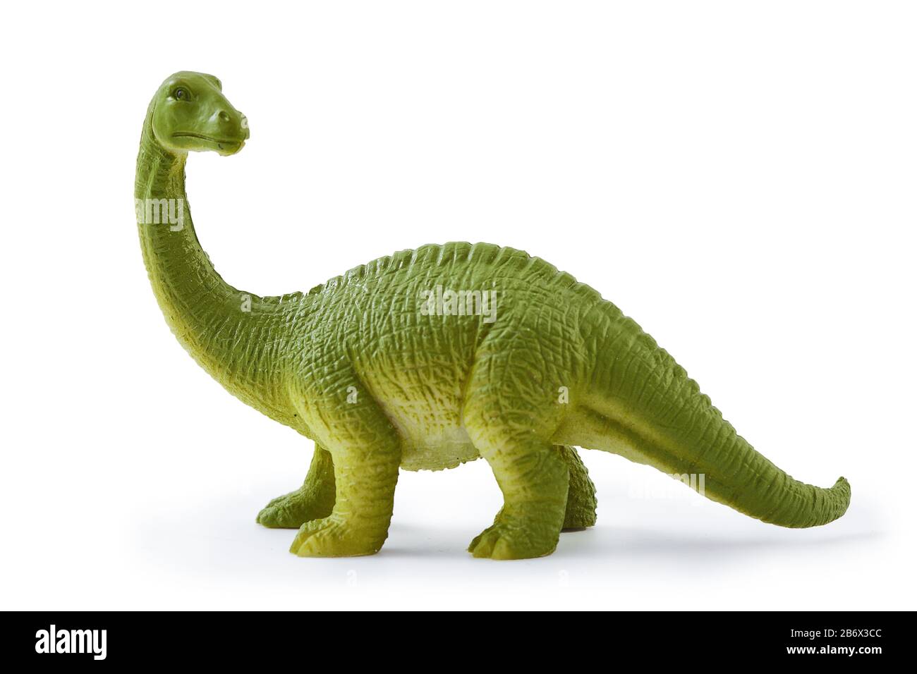 Brontosaurus Spielzeug. Isoliert auf weißem Hintergrund mit natürlichem Schatten. Brontosaur-Spielchen auf der weißen bg. Stockfoto