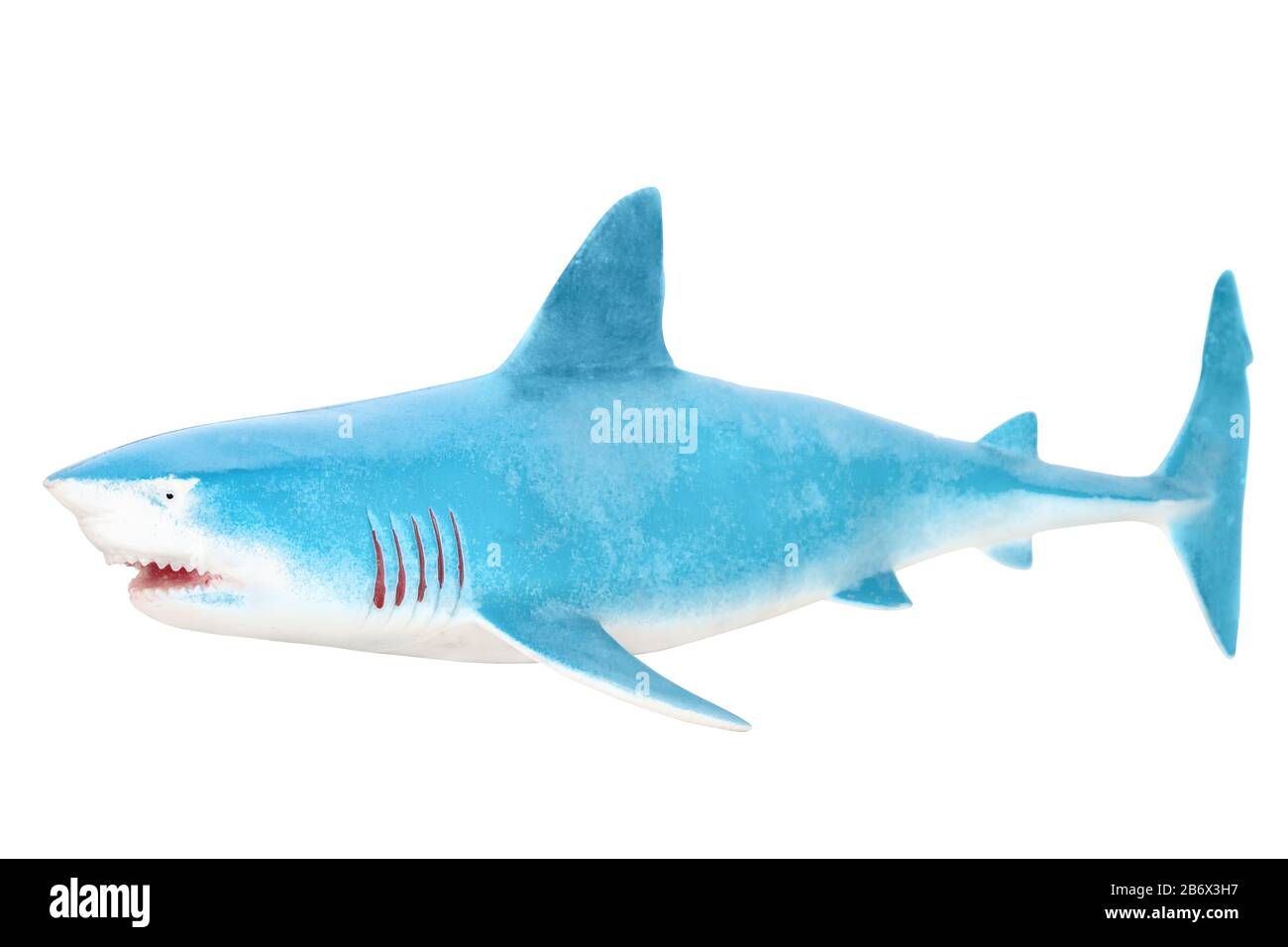 Hai-Spielzeug. Isoliert auf weißem Hintergrund ohne Schatten. Hai auf weißem bg. Segelfischspielchen aus Kunststoff. Stockfoto