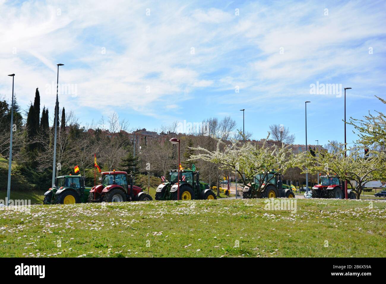 Bäume blühen im Frühjahr und Traktoren in der Stadt Stockfoto