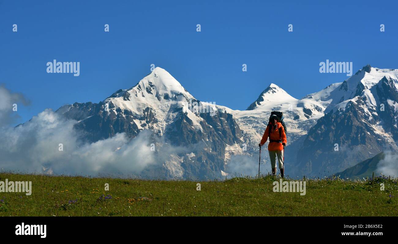 Tourist mit hellorangefarbenem Windschutzschalter mit Stöcken gegen schneebedeckten Oberseiten. Alpine Wiese steht im Vordergrund. Kaukasusgebirge (Tviber pe Stockfoto